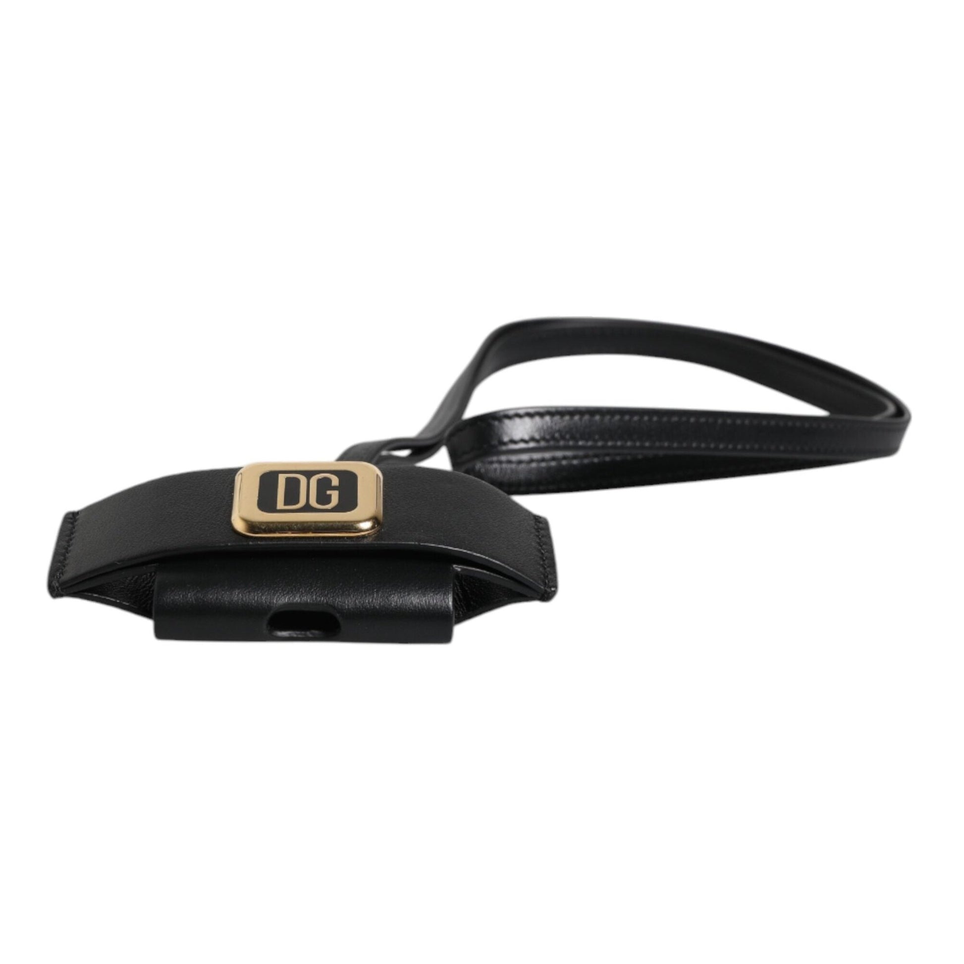 Dolce & Gabbana Black Leather Strap Gold Metal Logo Plaque Airpods Case Dolce & Gabbana