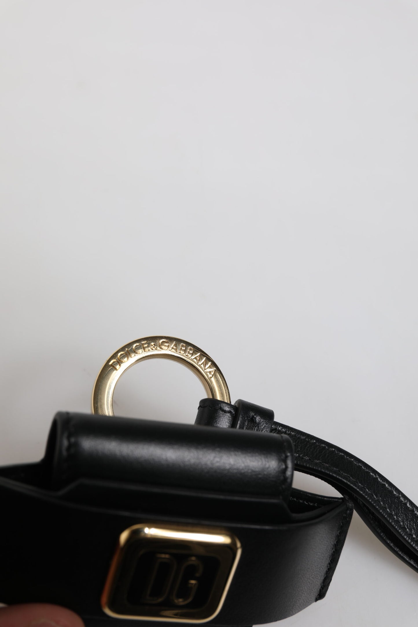 Dolce & Gabbana Black Leather Strap Gold Metal Logo Plaque Airpods Case Dolce & Gabbana