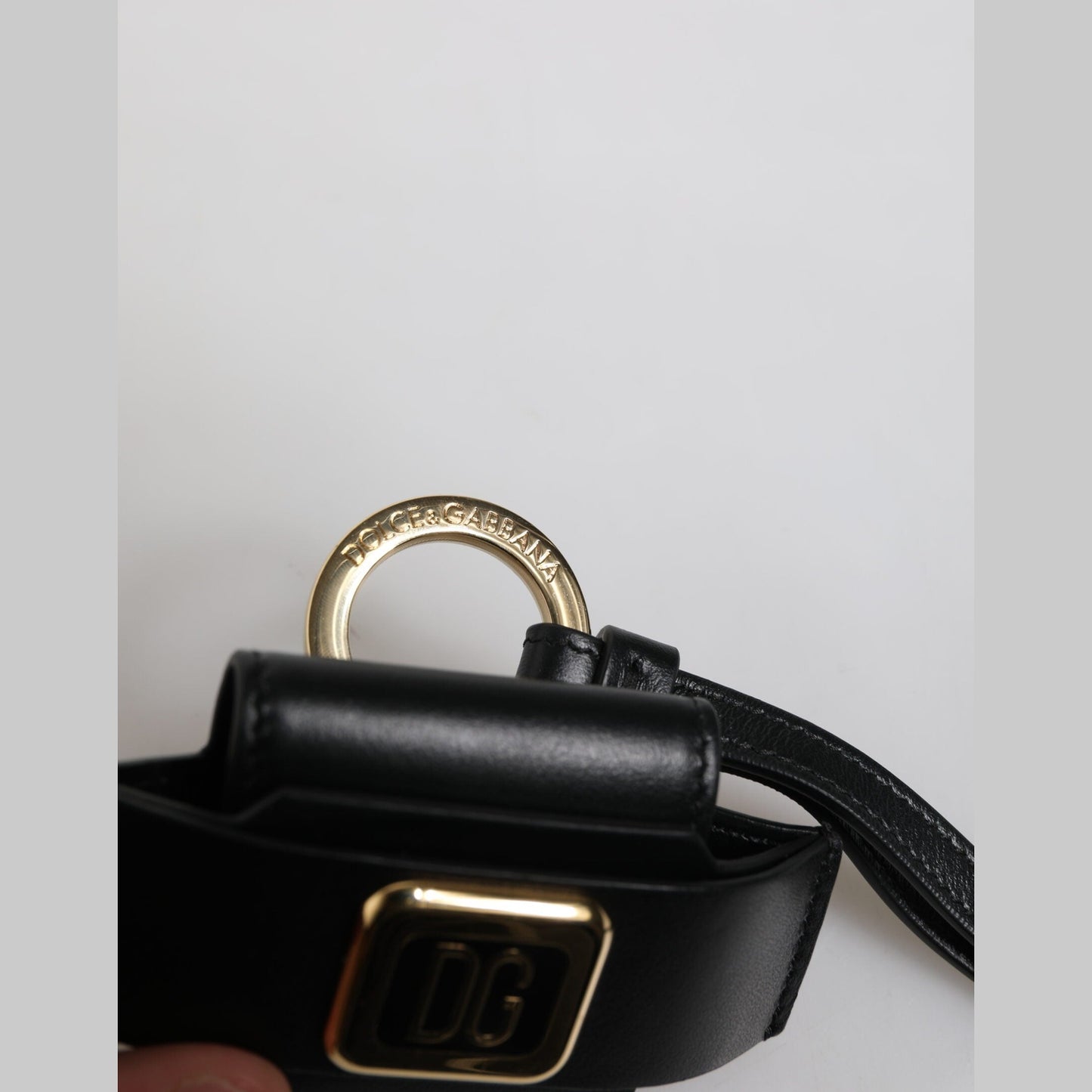 Dolce & Gabbana Black Leather Strap Gold Metal Logo Plaque Airpods Case Dolce & Gabbana