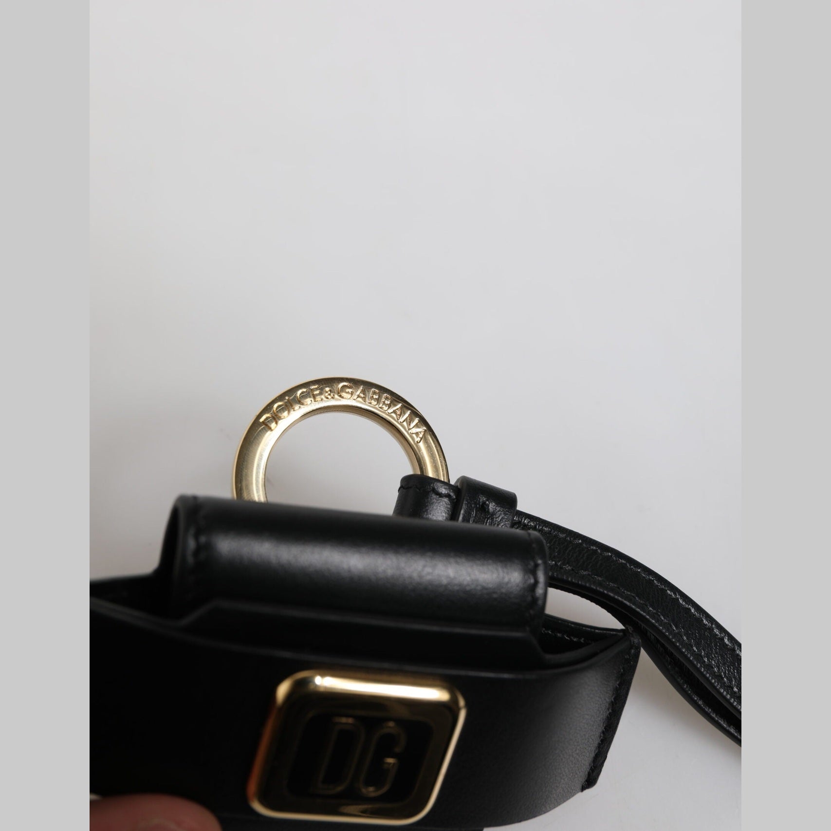 Dolce & Gabbana Black Leather Strap Gold Metal Logo Plaque Airpods Case Dolce & Gabbana