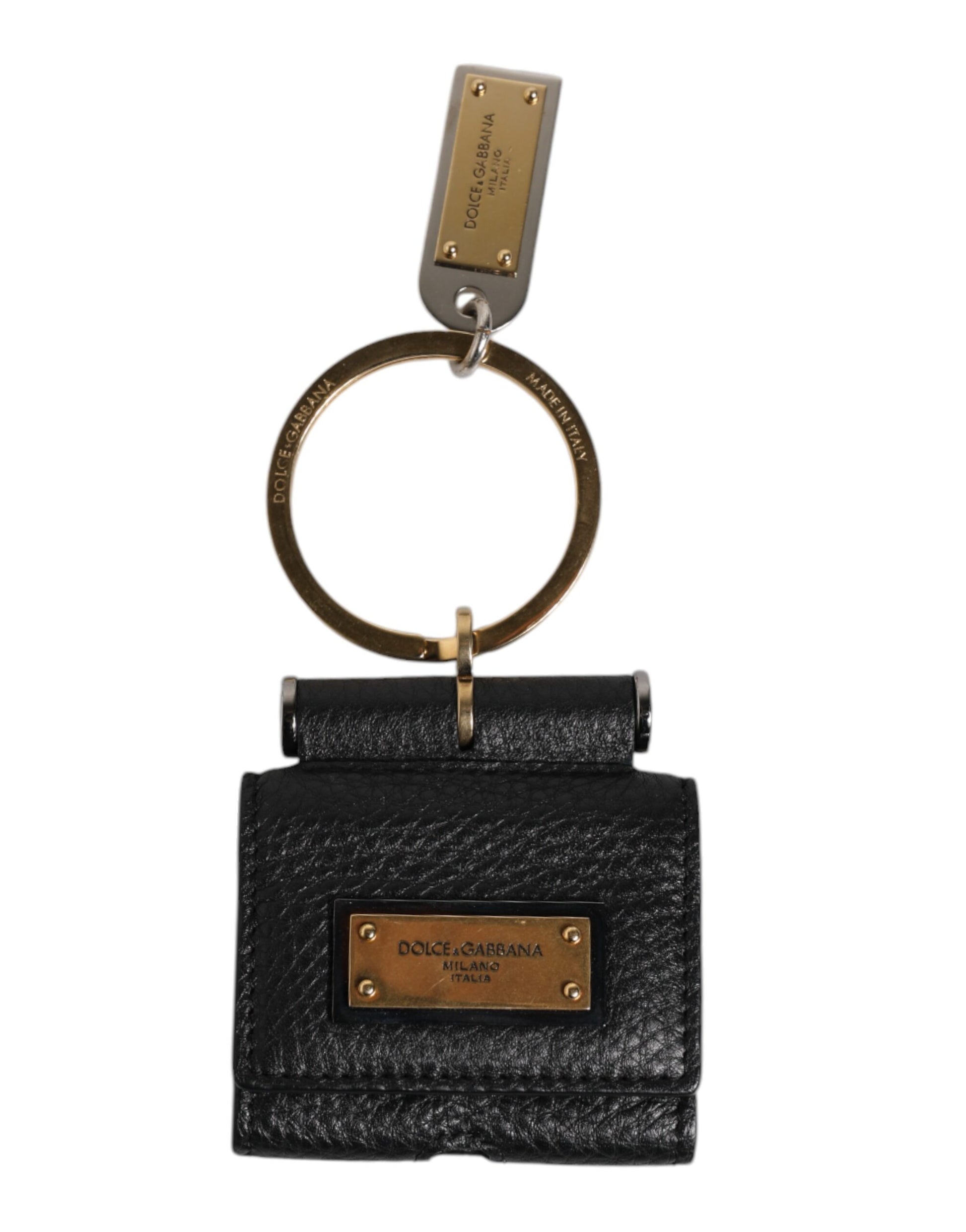 Dolce & Gabbana Black Leather Strap Gold Metal Logo Plaque Airpods Case Dolce & Gabbana