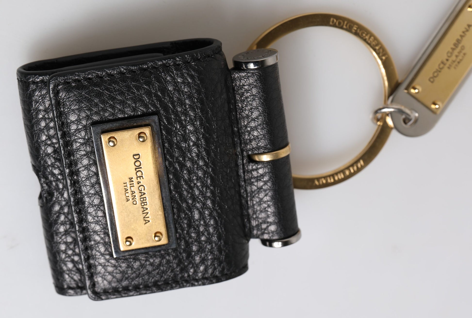Dolce & Gabbana Black Leather Strap Gold Metal Logo Plaque Airpods Case Dolce & Gabbana