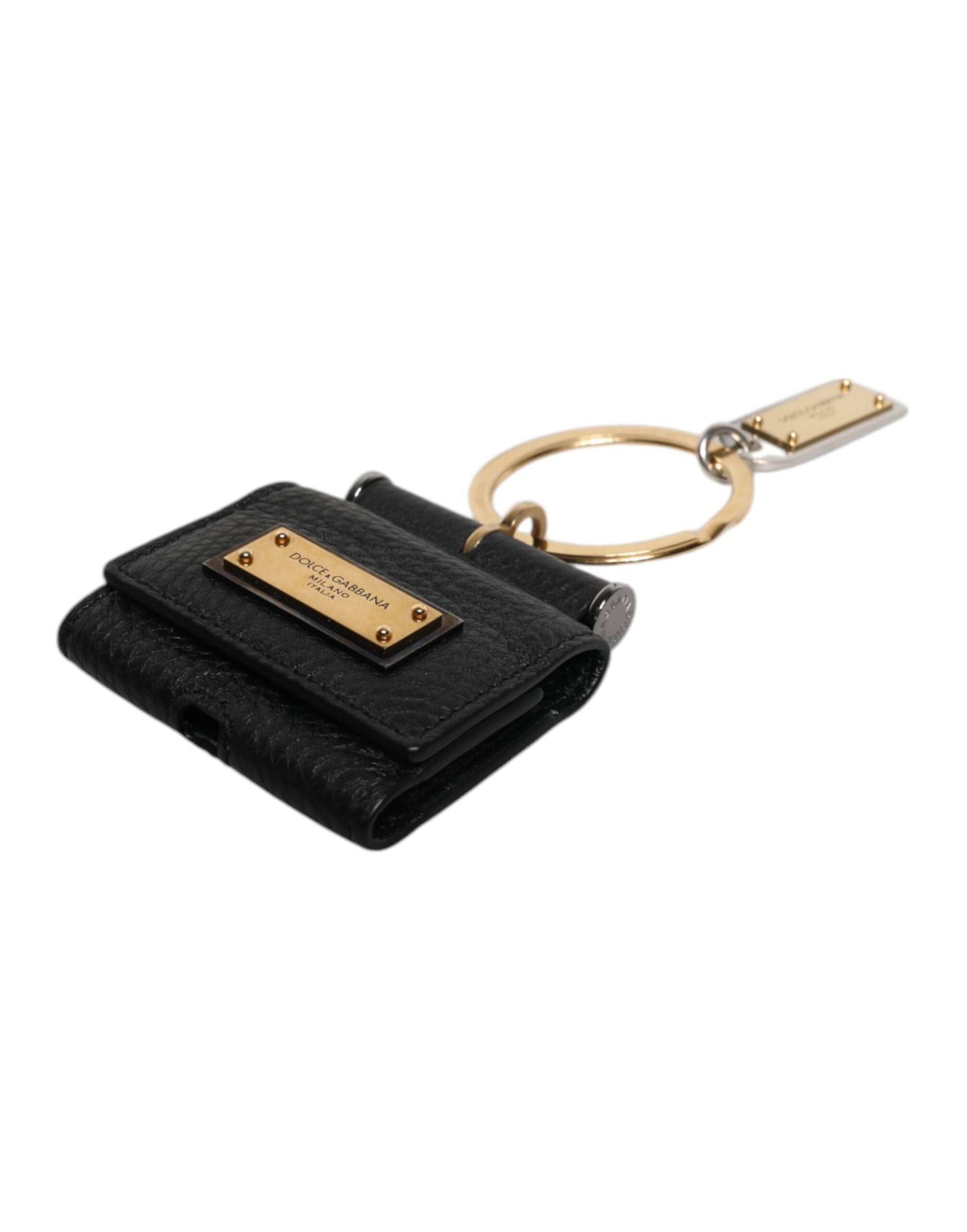 Dolce & Gabbana Black Leather Strap Gold Metal Logo Plaque Airpods Case Dolce & Gabbana