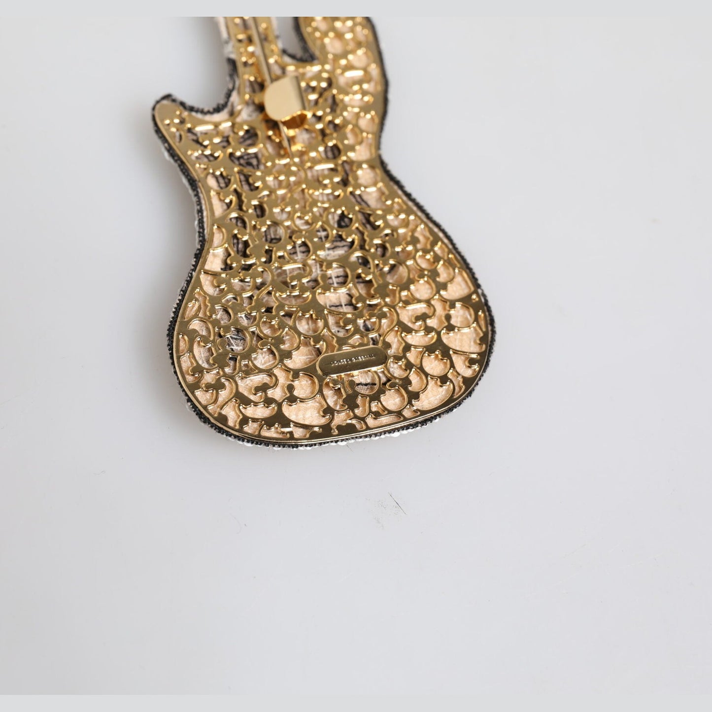 Dolce & Gabbana Gold Brass Logo Beaded Guitar Pin Brooch