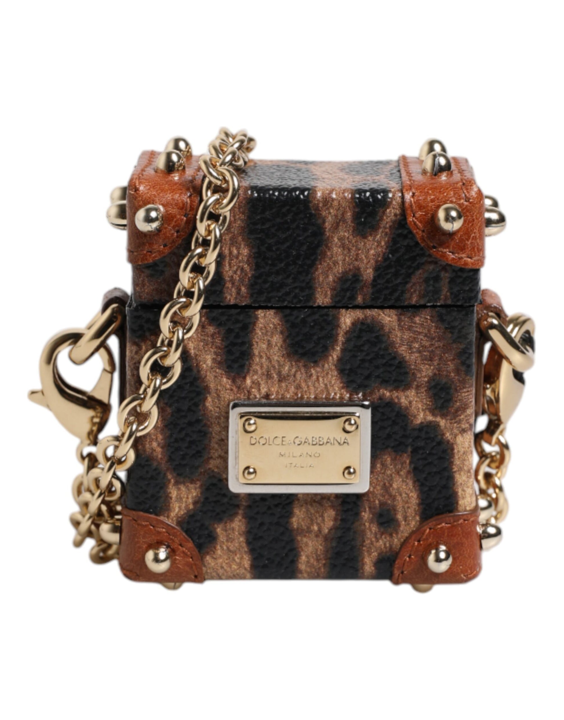 Dolce & Gabbana Brown Leopard Metal Logo Plaque Gold Chain Airpods Case Dolce & Gabbana