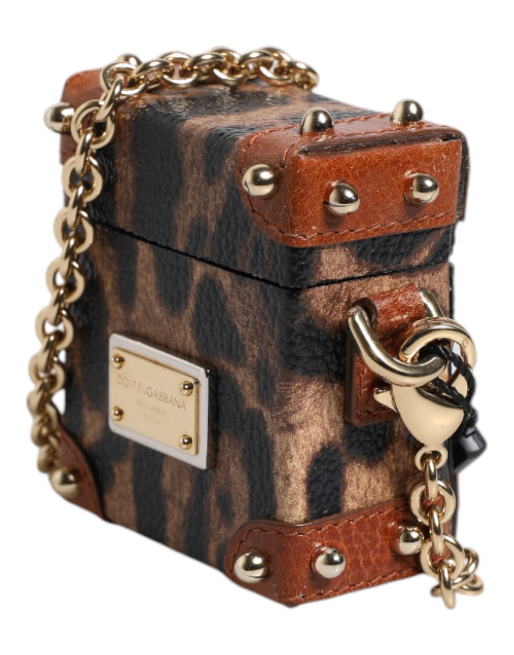Dolce & Gabbana Brown Leopard Metal Logo Plaque Gold Chain Airpods Case Dolce & Gabbana