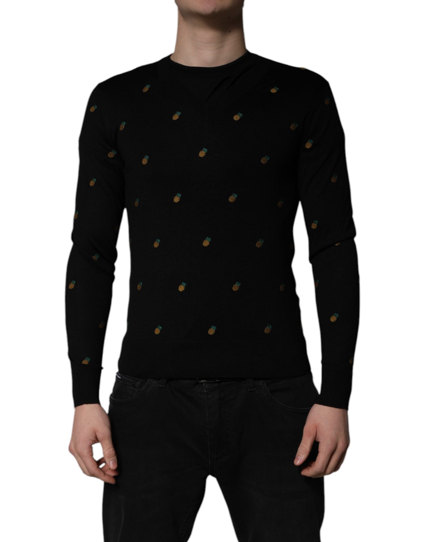 Dolce & Gabbana Black Pineapple Crew Neck Pullover Sweater Dolce & Gabbana