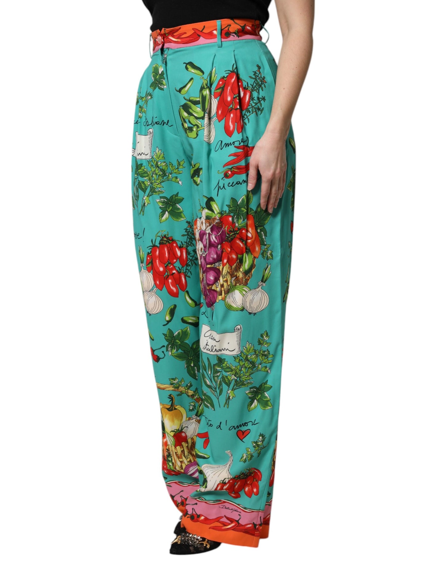 Dolce & Gabbana Green Silk Printed Straight Pants Dolce & Gabbana