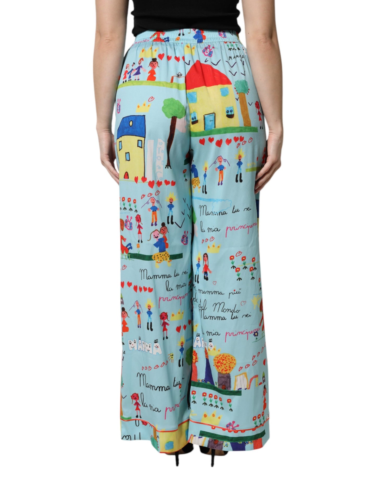Dolce & Gabbana Light Blue Drawing Mid Waist Wide Leg Pants Dolce & Gabbana