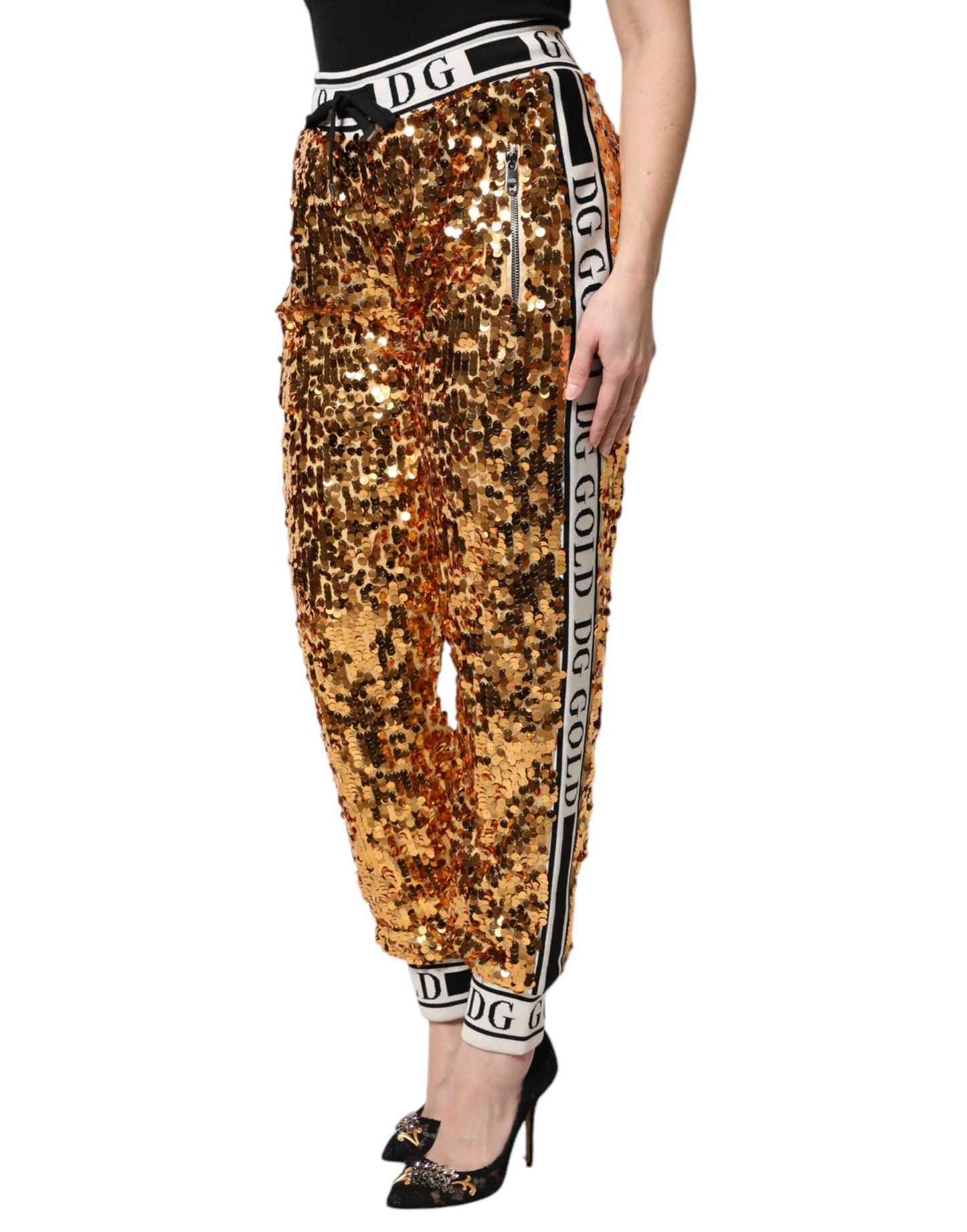 Dolce & Gabbana Metallic Gold DG Logo Sequined Jogger Pants Dolce & Gabbana