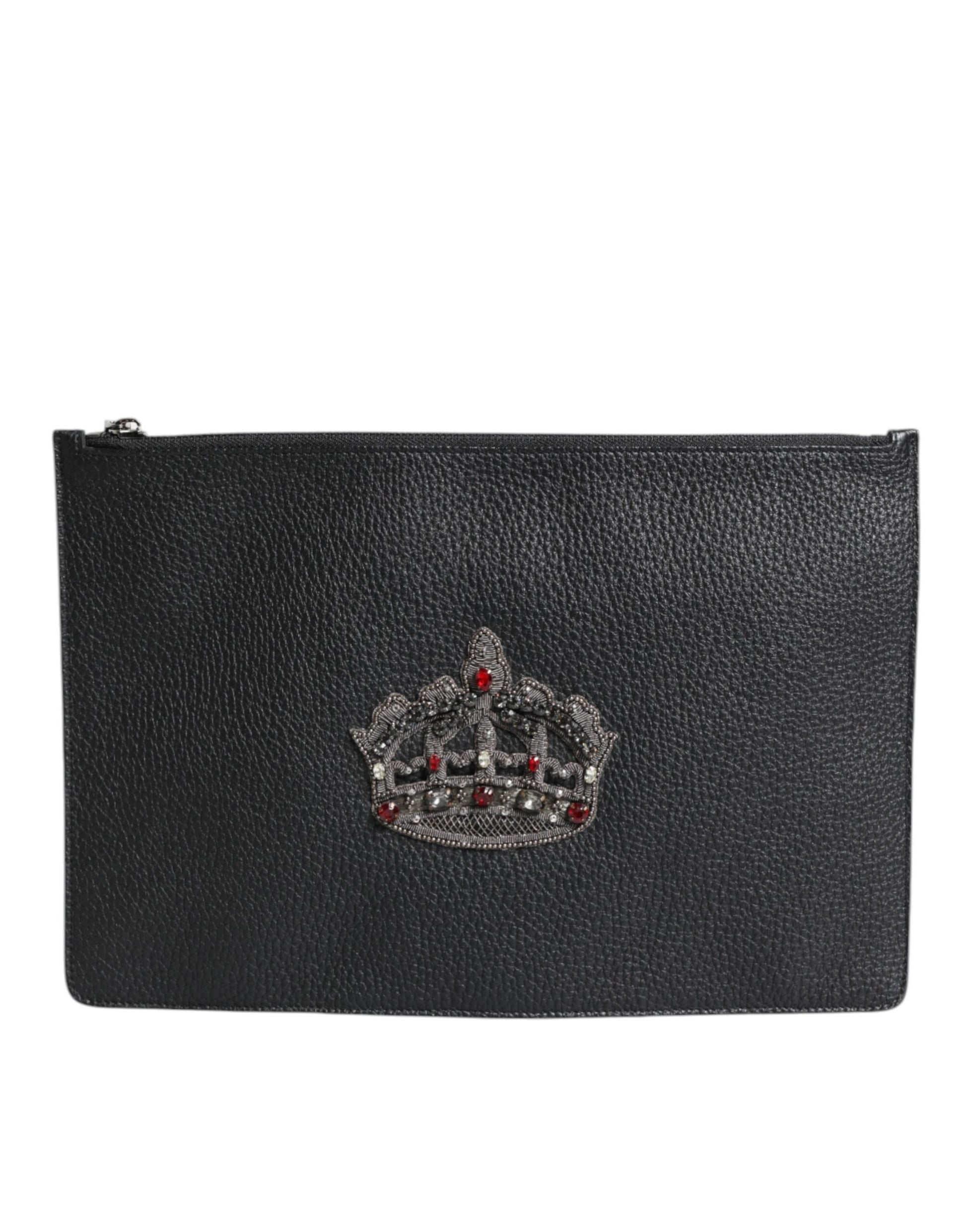 Dolce & Gabbana Black Calfskin Crown Embellished Clutch Pouch Bag Dolce & Gabbana