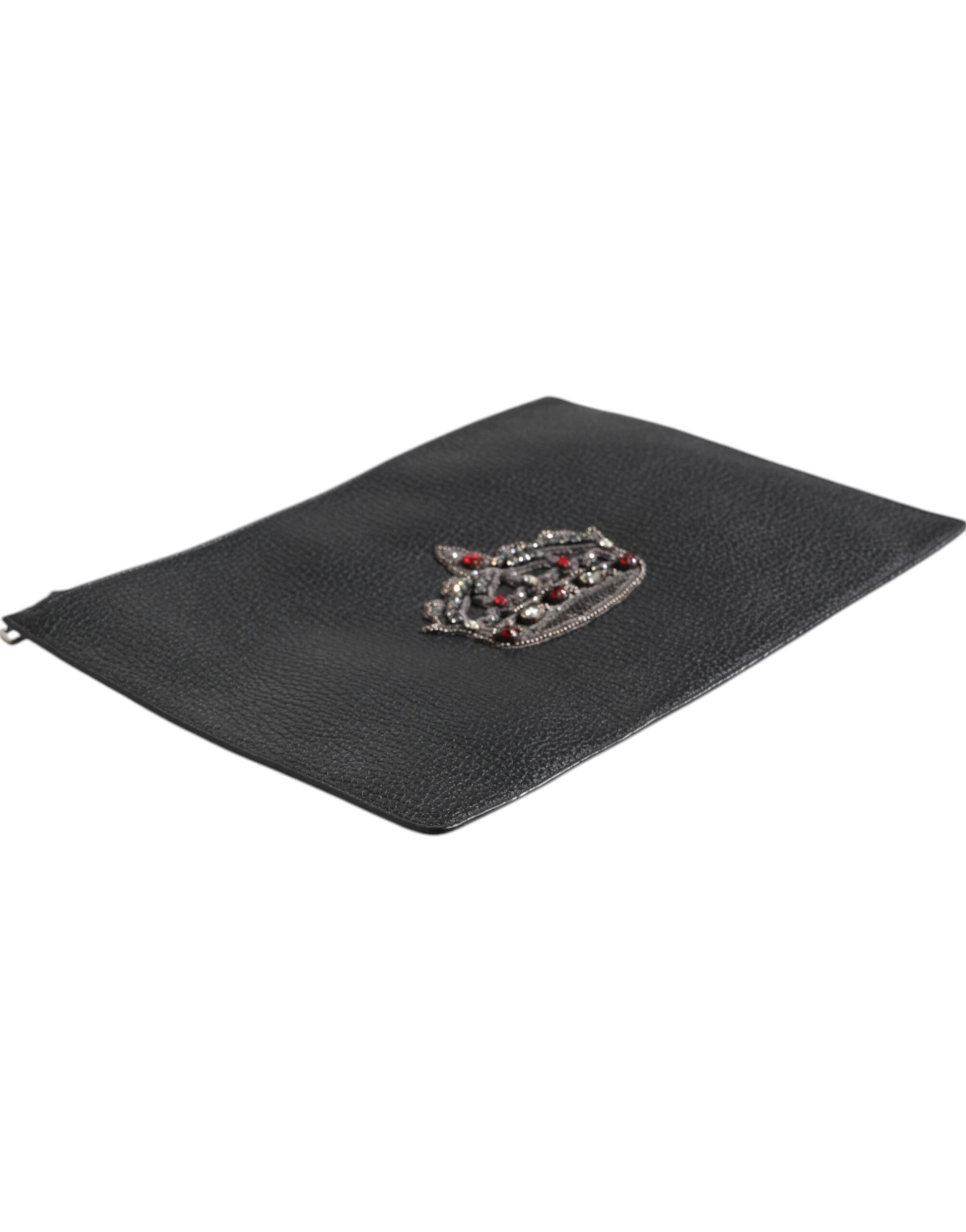 Dolce & Gabbana Black Calfskin Crown Embellished Clutch Pouch Bag Dolce & Gabbana