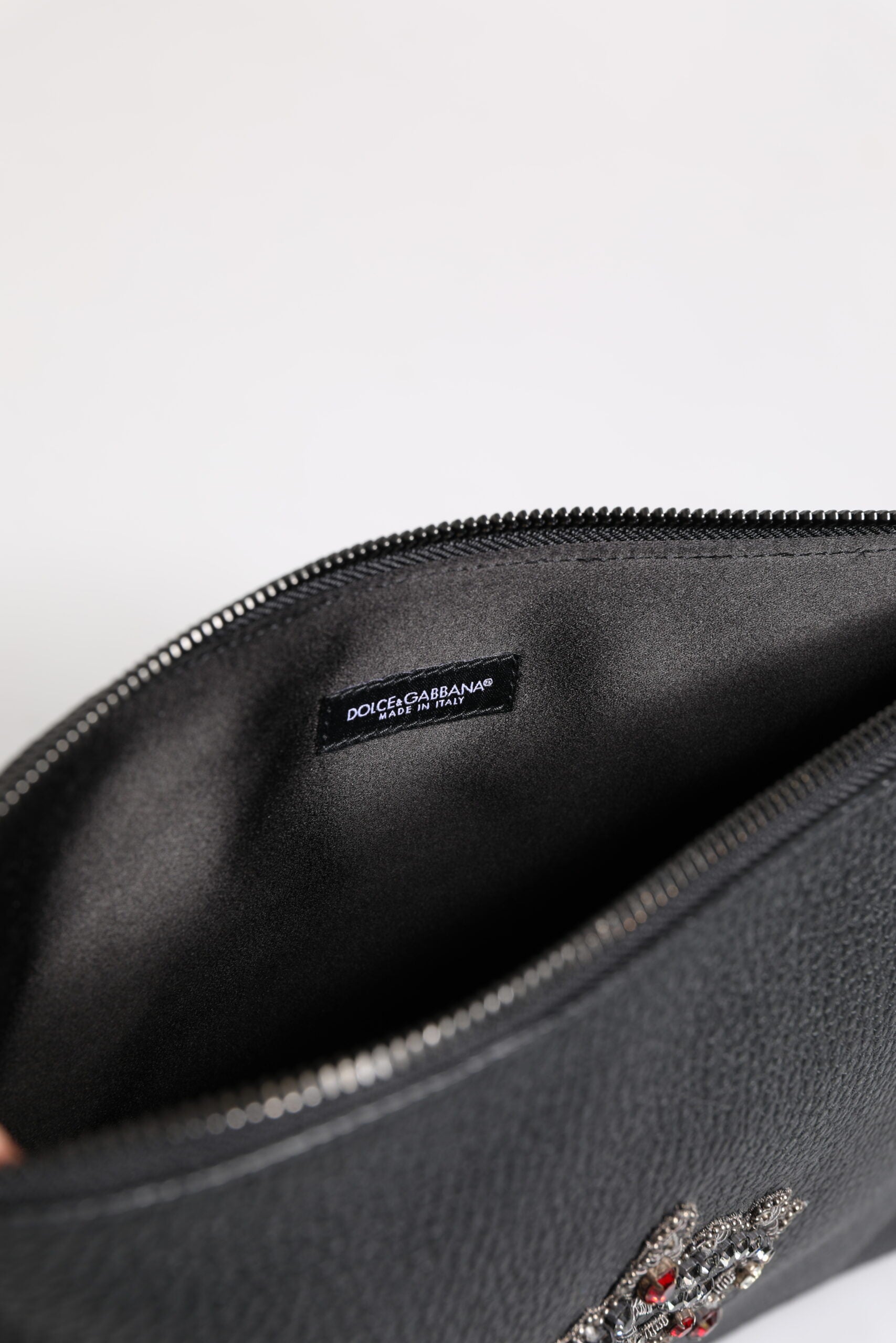 Dolce & Gabbana Black Calfskin Crown Embellished Clutch Pouch Bag Dolce & Gabbana