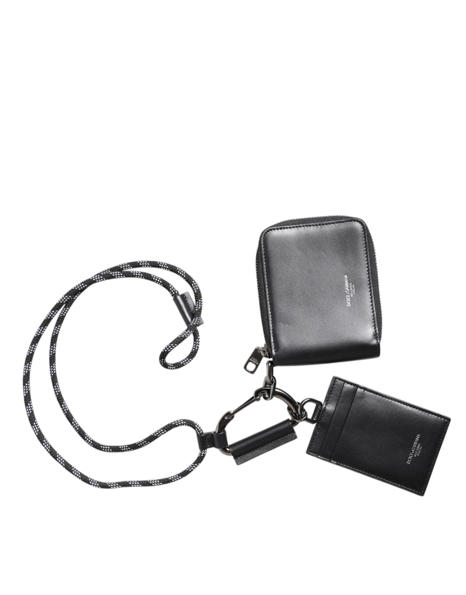 Dolce & Gabbana Black Leather Lanyard Zip Around Card Holder Wallet Dolce & Gabbana