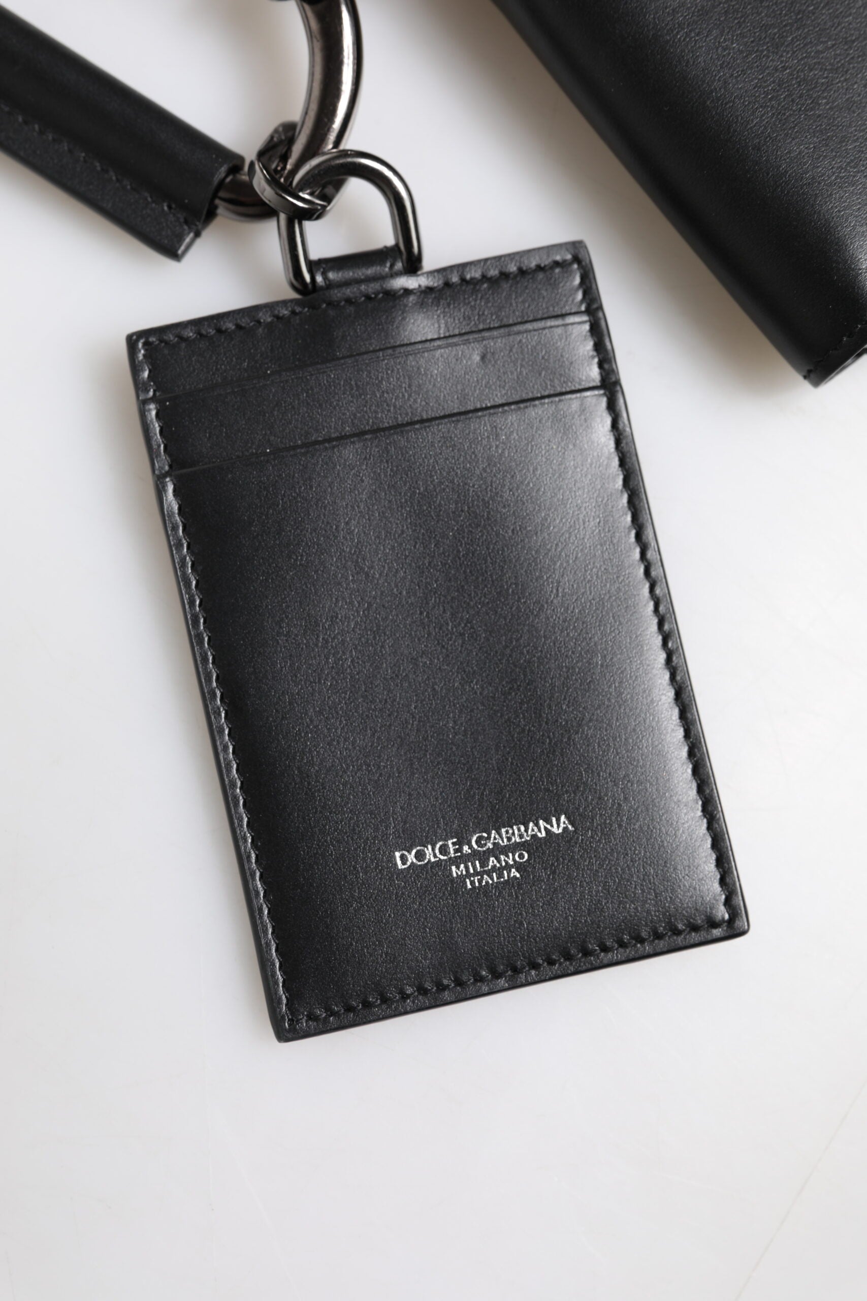 Dolce & Gabbana Black Leather Lanyard Zip Around Card Holder Wallet Dolce & Gabbana