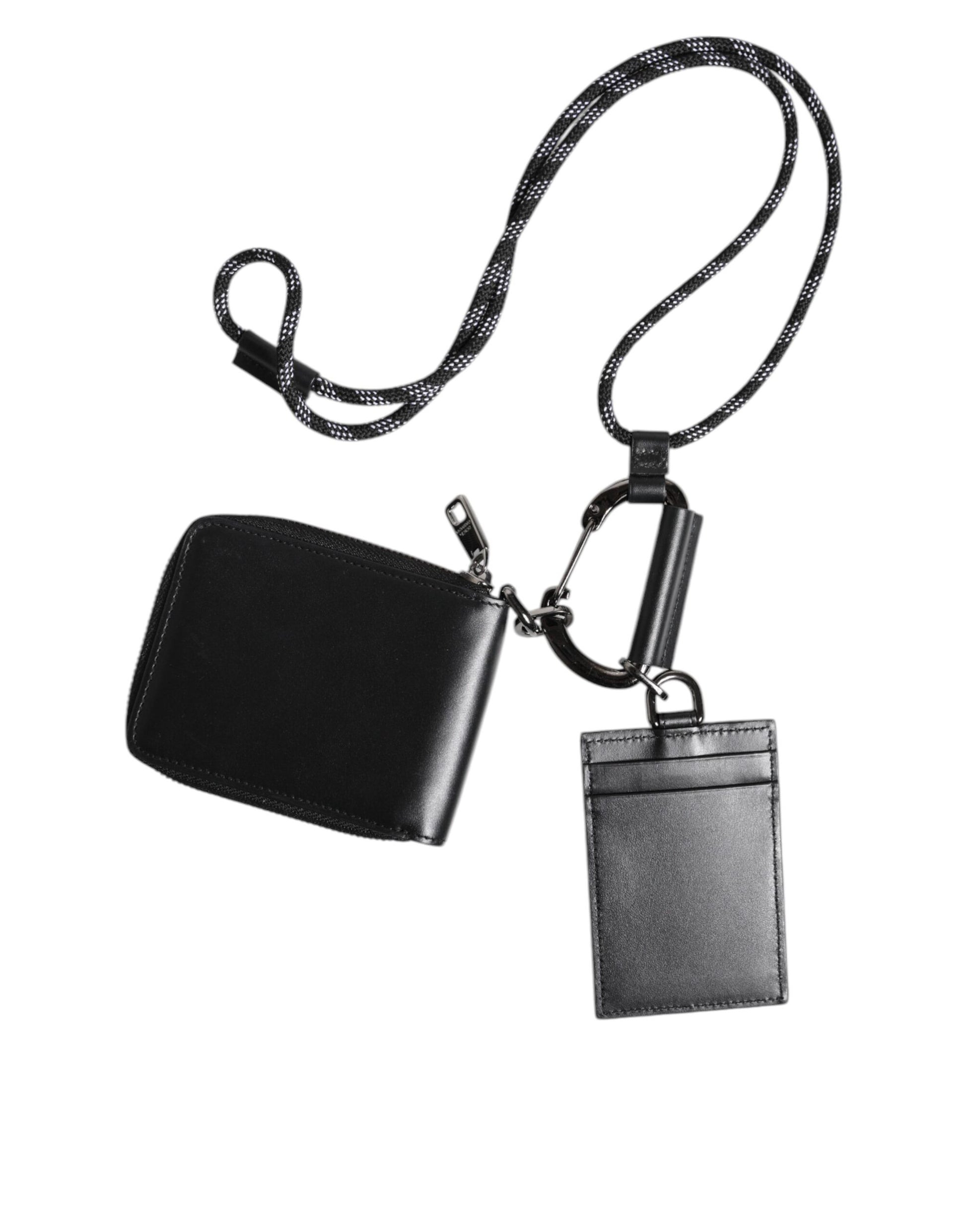 Dolce & Gabbana Black Leather Lanyard Zip Around Card Holder Wallet Dolce & Gabbana