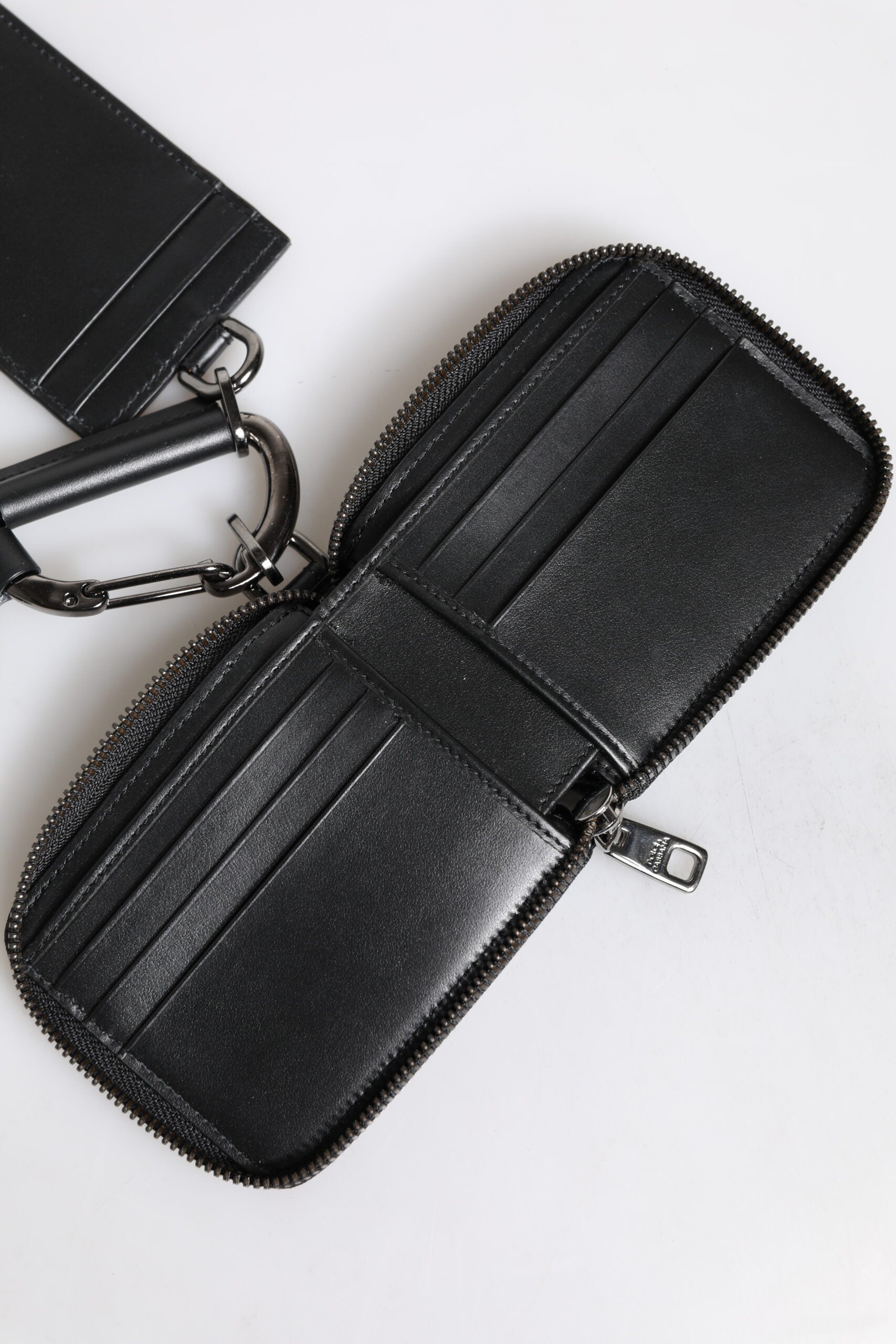 Dolce & Gabbana Black Leather Lanyard Zip Around Card Holder Wallet Dolce & Gabbana
