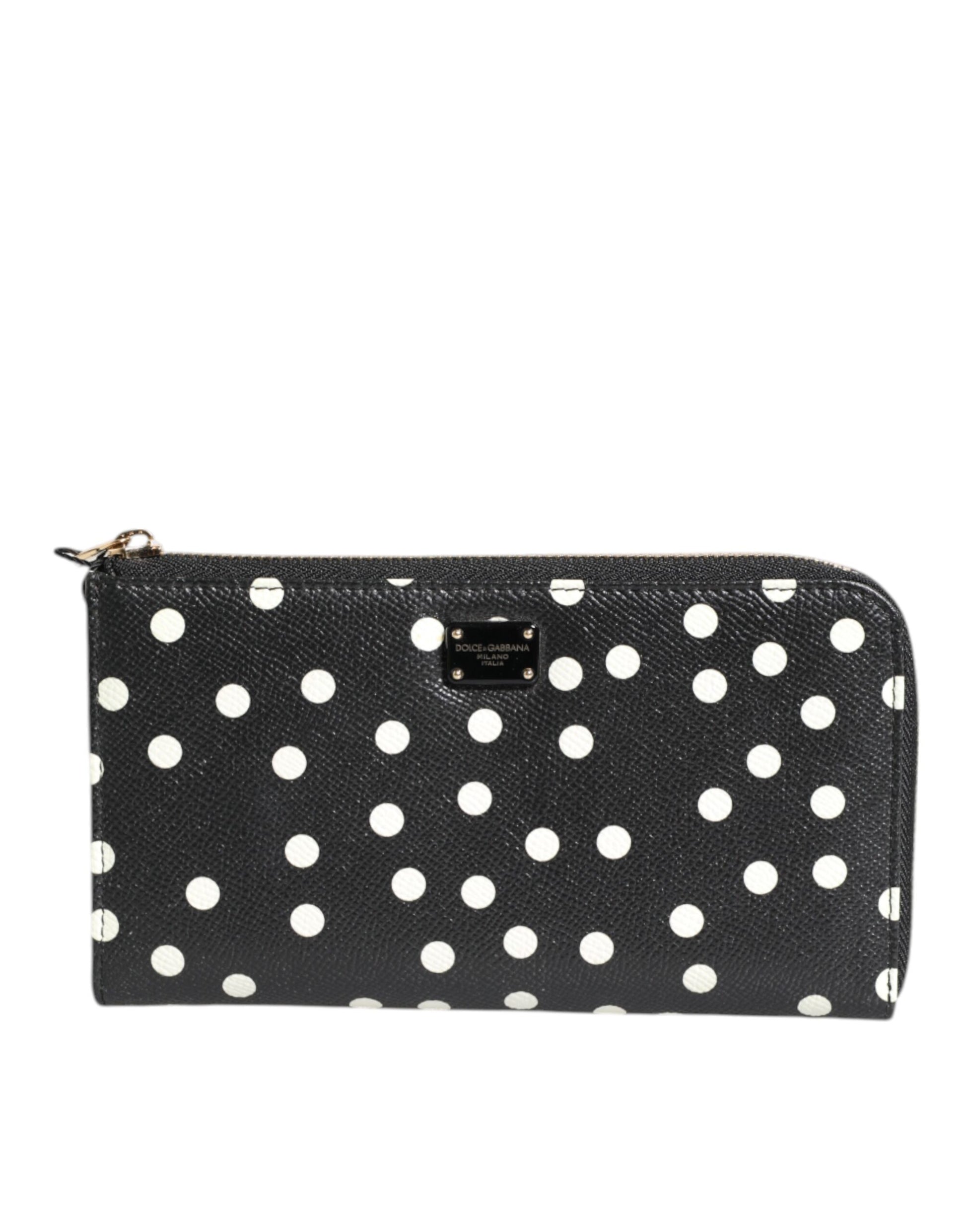 Dolce & Gabbana Black White Dotted Leather Zip Around Continental Wallet Dolce & Gabbana