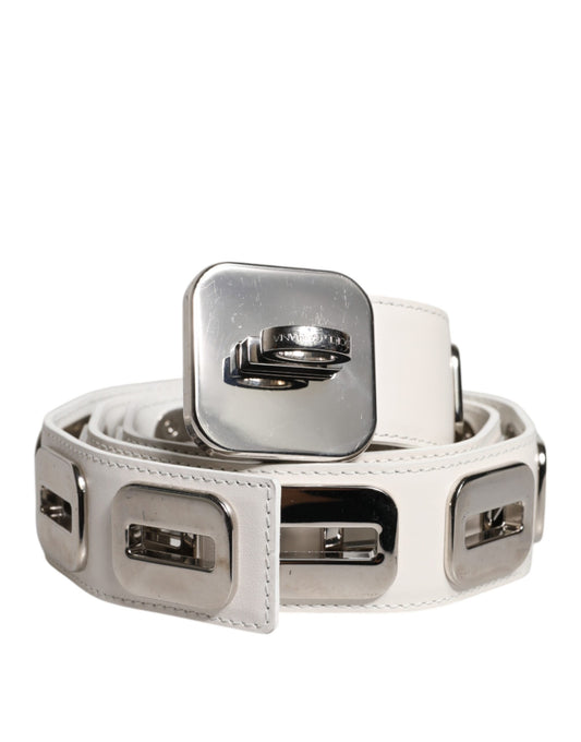 Dolce & Gabbana White Leather Gold Tone Rotating Buckle Belt Dolce & Gabbana