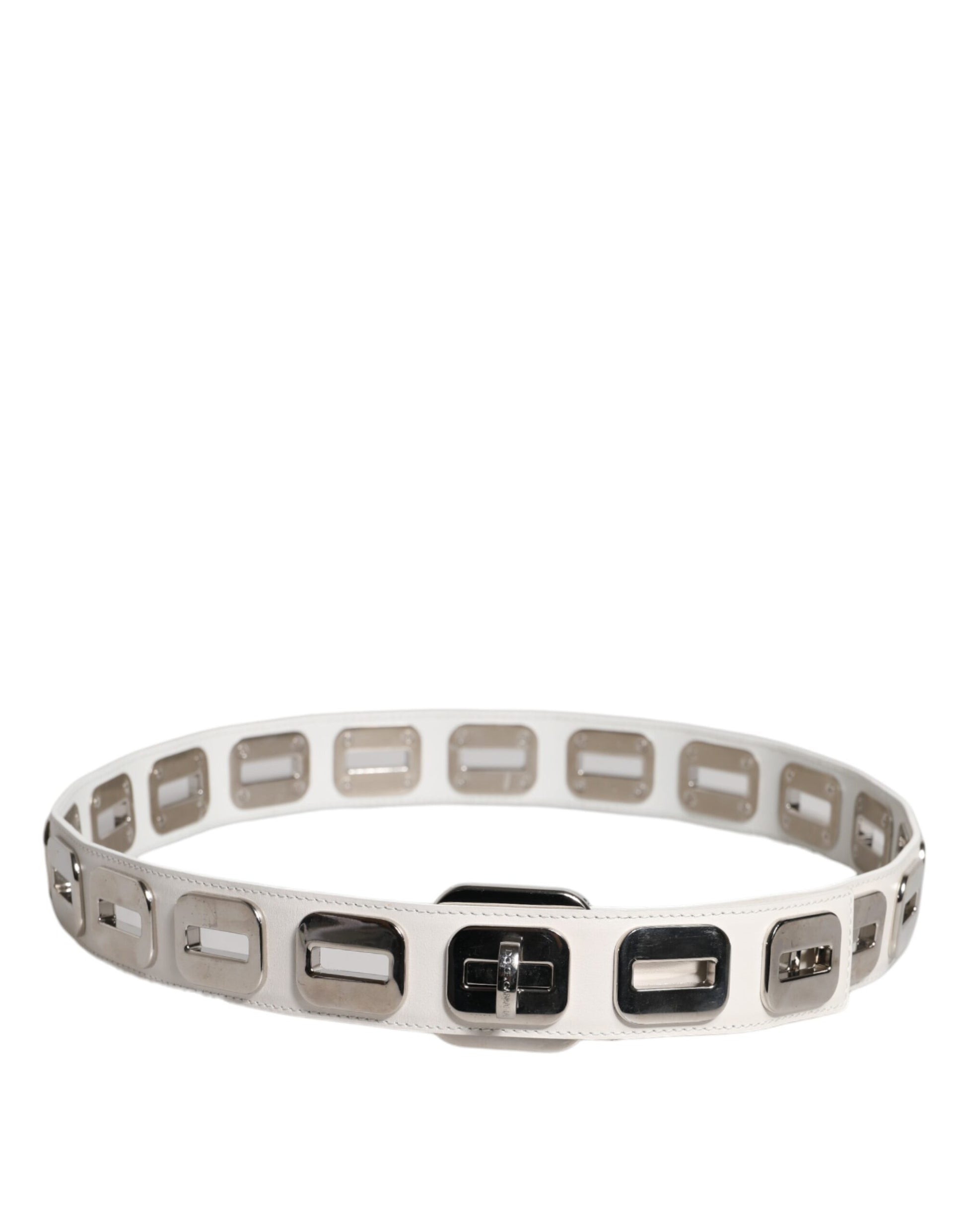 Dolce & Gabbana White Leather Gold Tone Rotating Buckle Belt Dolce & Gabbana