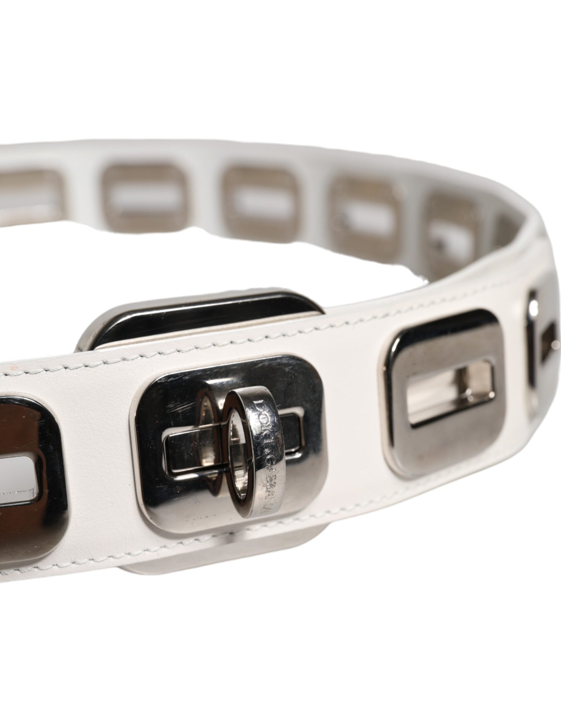 Dolce & Gabbana White Leather Gold Tone Rotating Buckle Belt Dolce & Gabbana