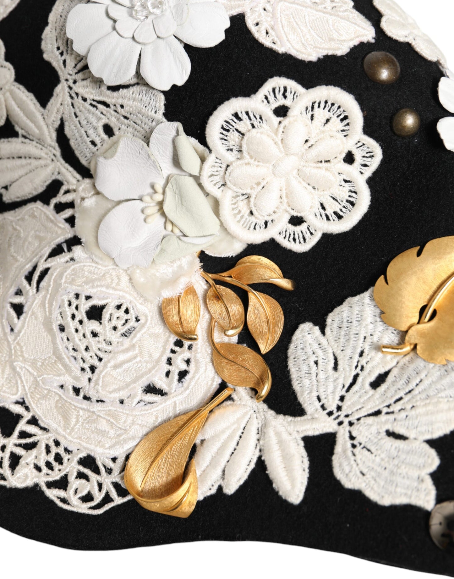 Dolce & Gabbana Black Wool White Floral Gold Leaf Cloche Hat Dolce & Gabbana