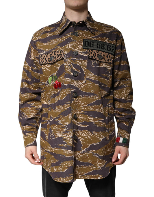 Dolce & Gabbana Brown Leopard Cotton Collared Coat Jacket Dolce & Gabbana