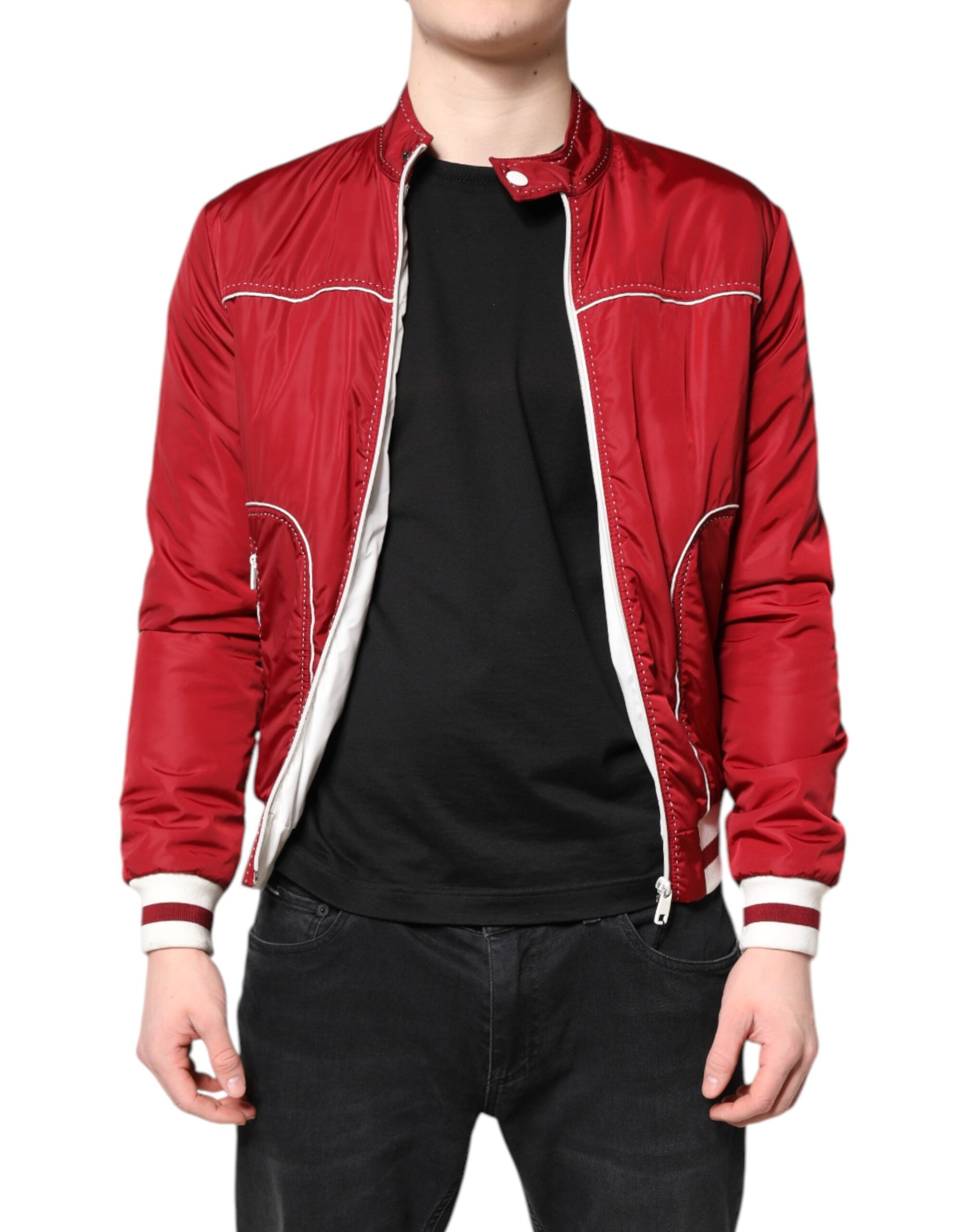 Dolce & Gabbana Red White Nylon Full Zip Men Bomber Jacket Dolce & Gabbana