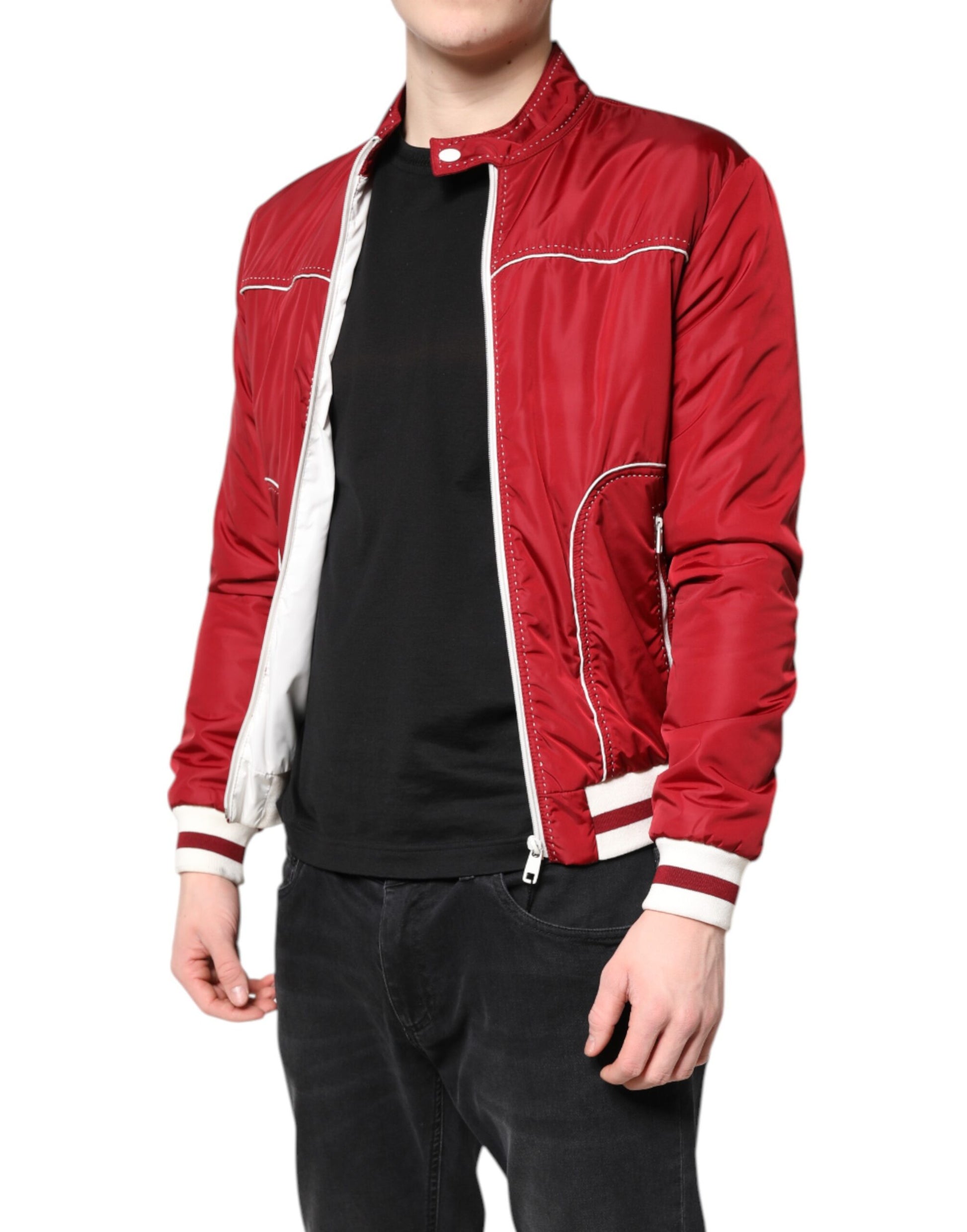 Dolce & Gabbana Red White Nylon Full Zip Men Bomber Jacket Dolce & Gabbana