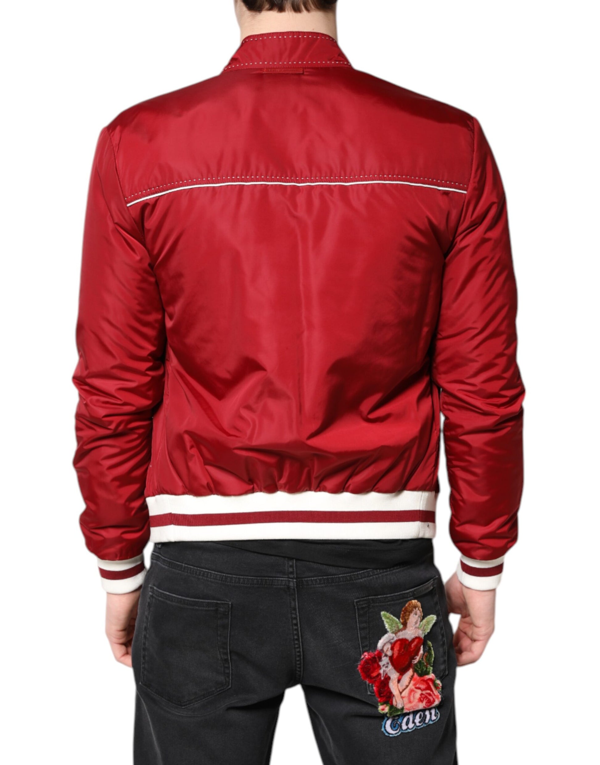 Dolce & Gabbana Red White Nylon Full Zip Men Bomber Jacket Dolce & Gabbana