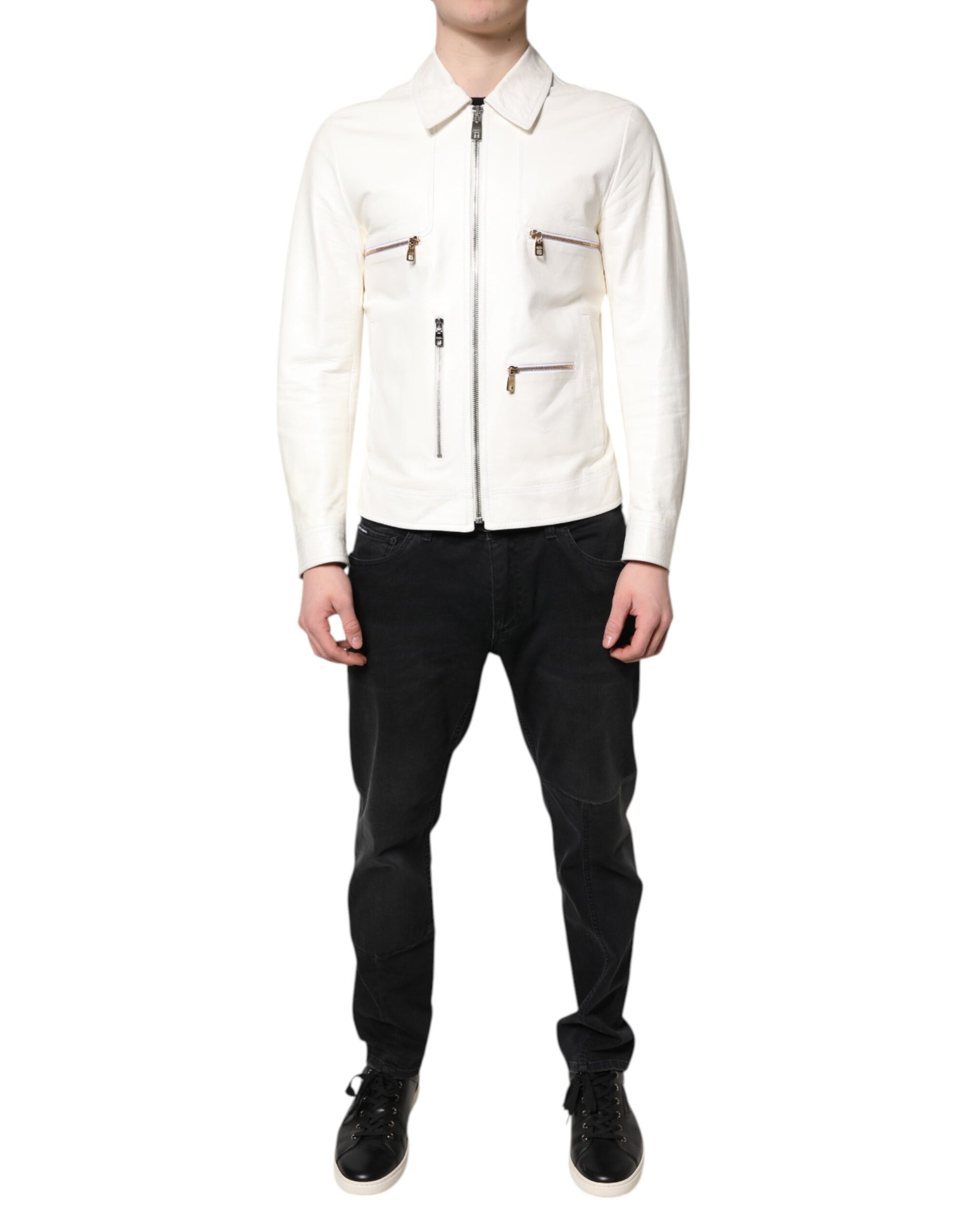 Dolce & Gabbana White Collared Full Zip Biker Coat Jacket Dolce & Gabbana