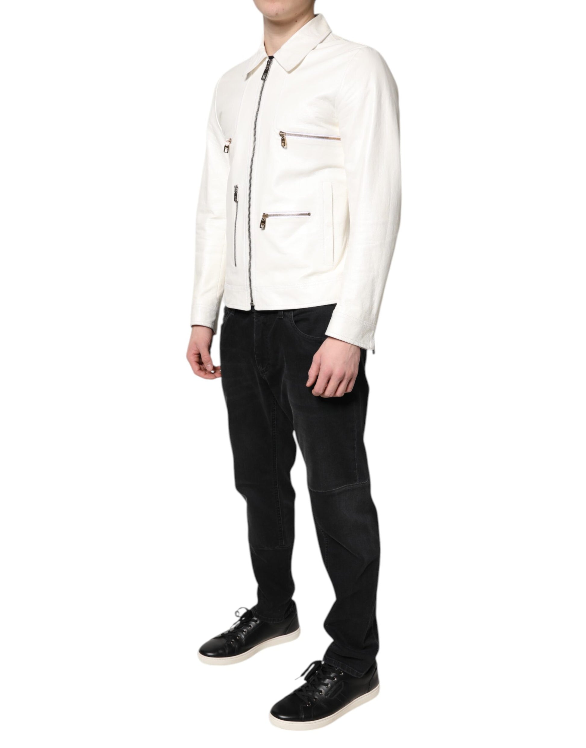 Dolce & Gabbana White Collared Full Zip Biker Coat Jacket Dolce & Gabbana