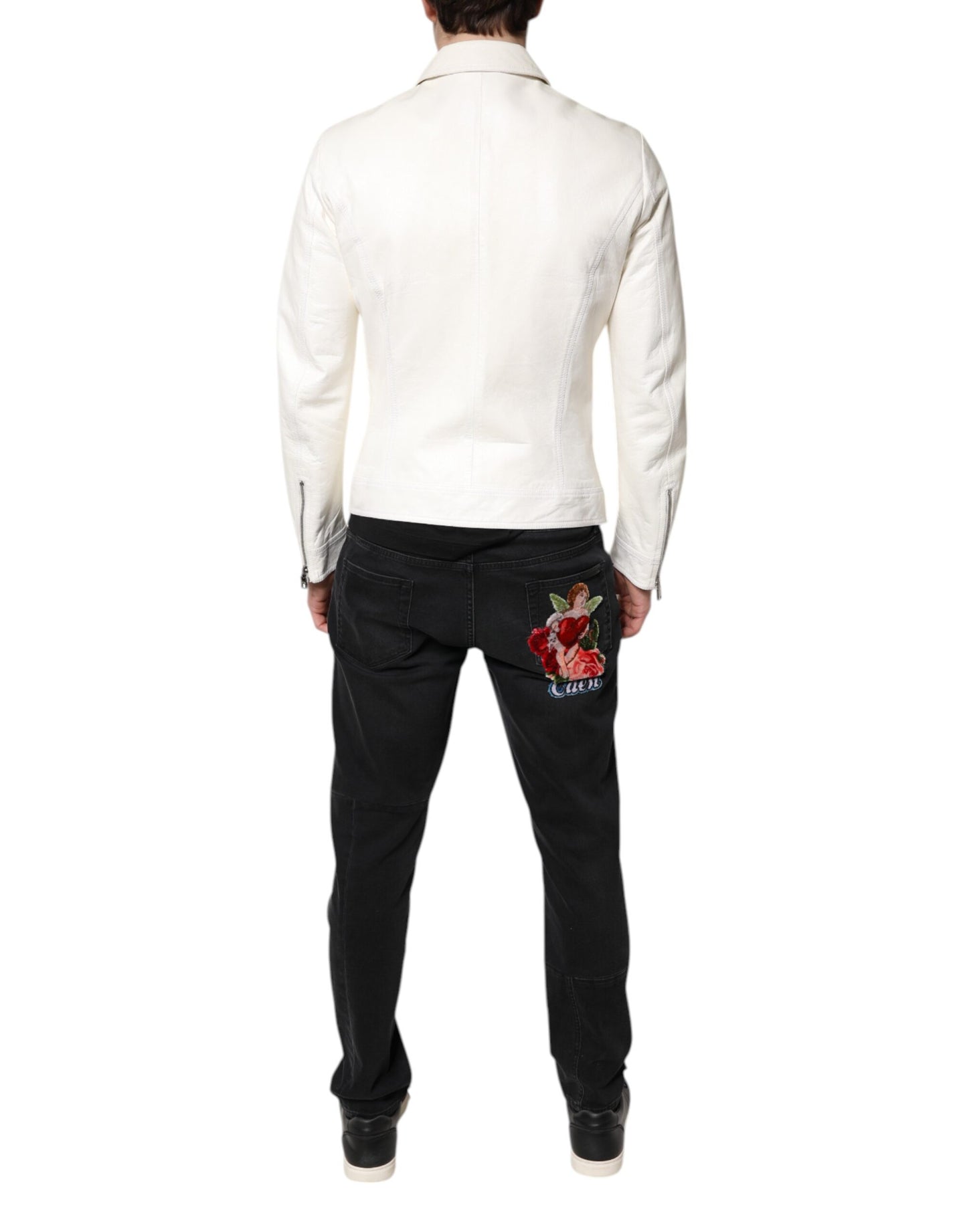 Dolce & Gabbana White Collared Full Zip Biker Coat Jacket Dolce & Gabbana