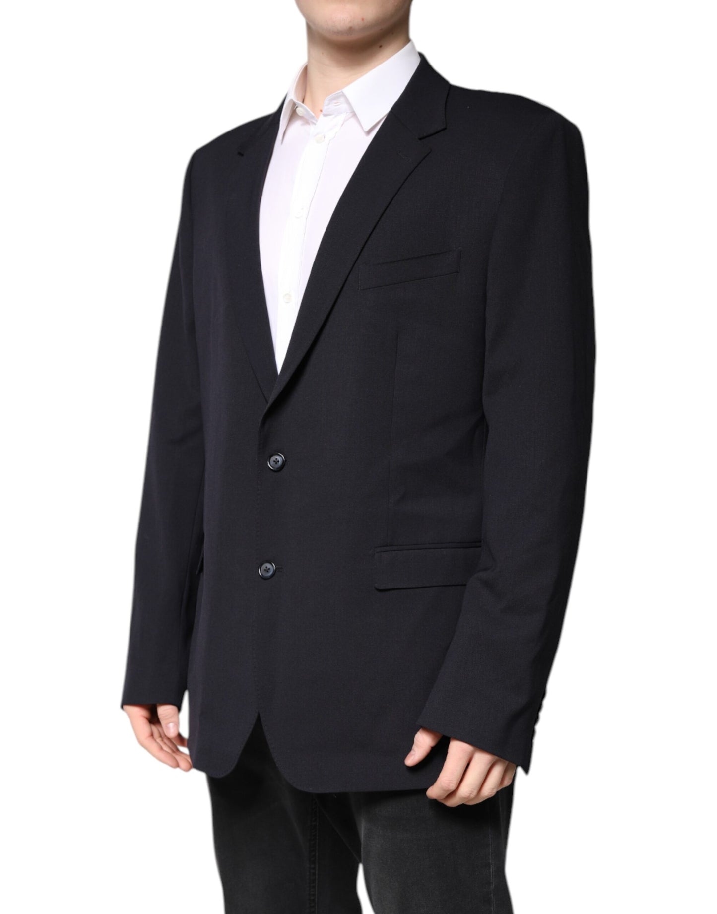Dolce & Gabbana Dark Blue Wool Single Breasted Coat Blazer Dolce & Gabbana