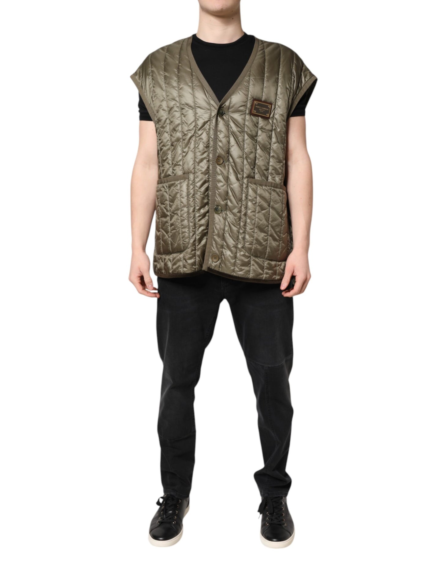 Dolce & Gabbana Brown Logo Plaque Quilted Vest Jacket Dolce & Gabbana