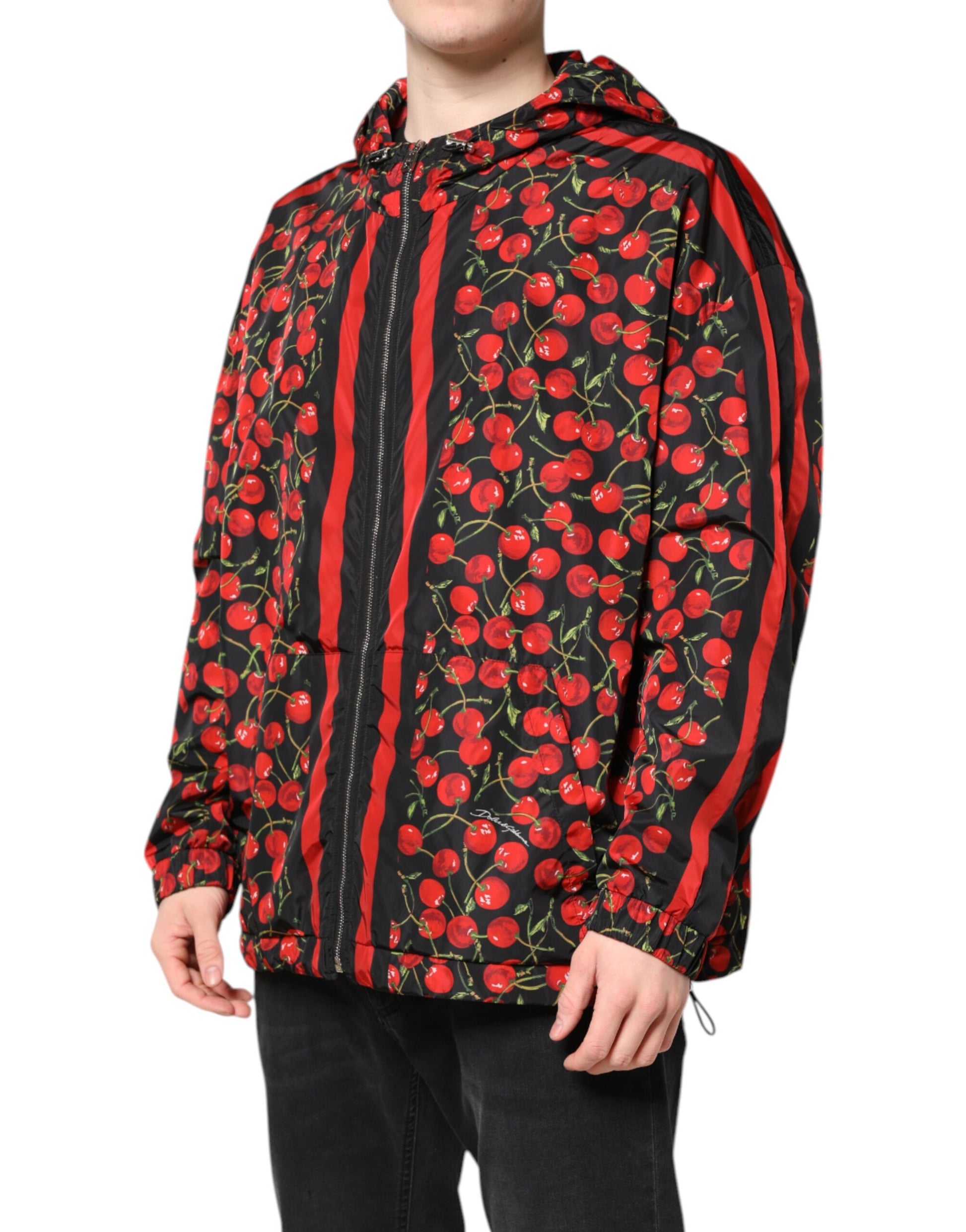 Dolce & Gabbana Black Cherry Print Hooded Windbreaker Jacket Dolce & Gabbana
