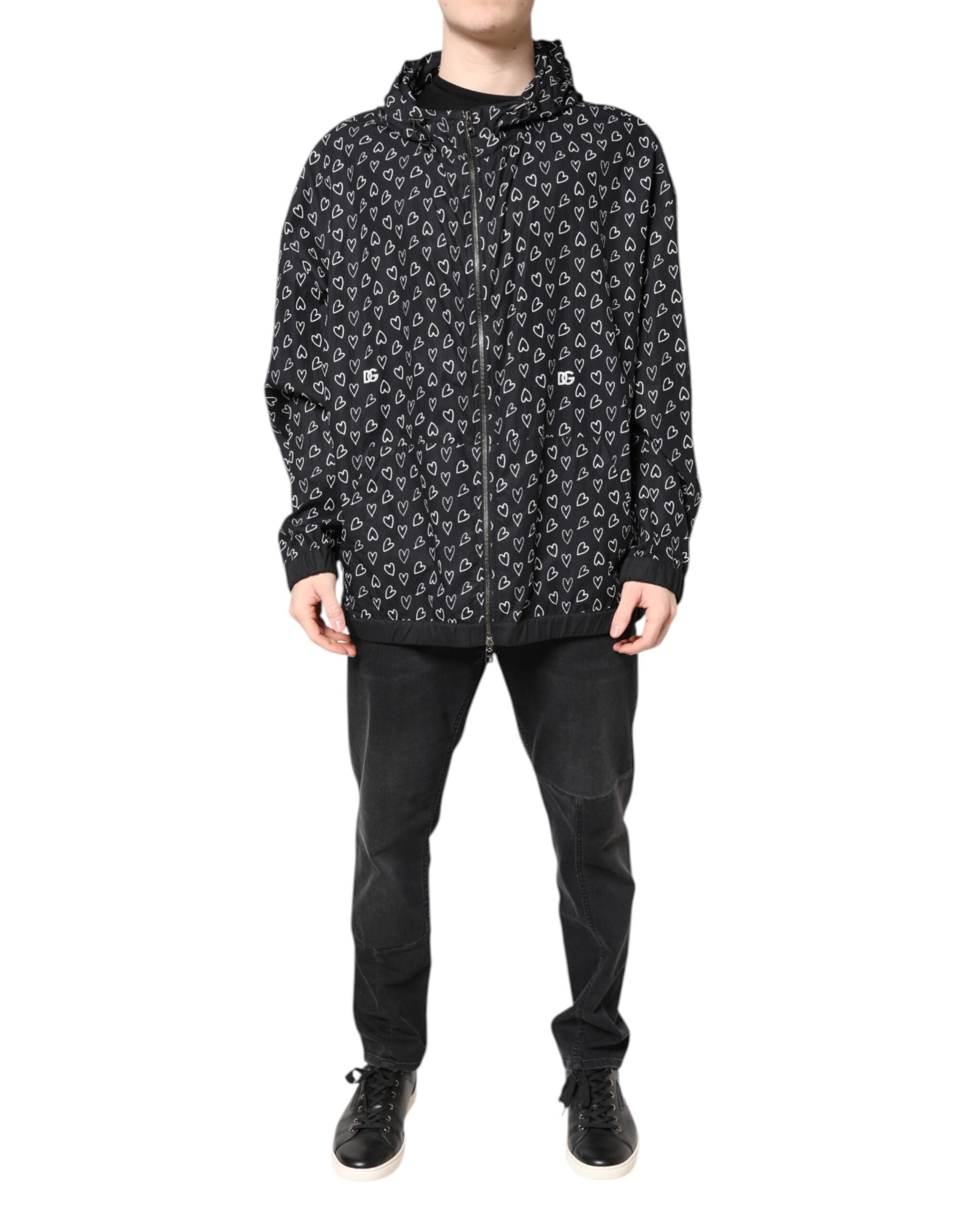 Dolce & Gabbana Black Heart Print Hooded Windbreaker Jacket Dolce & Gabbana