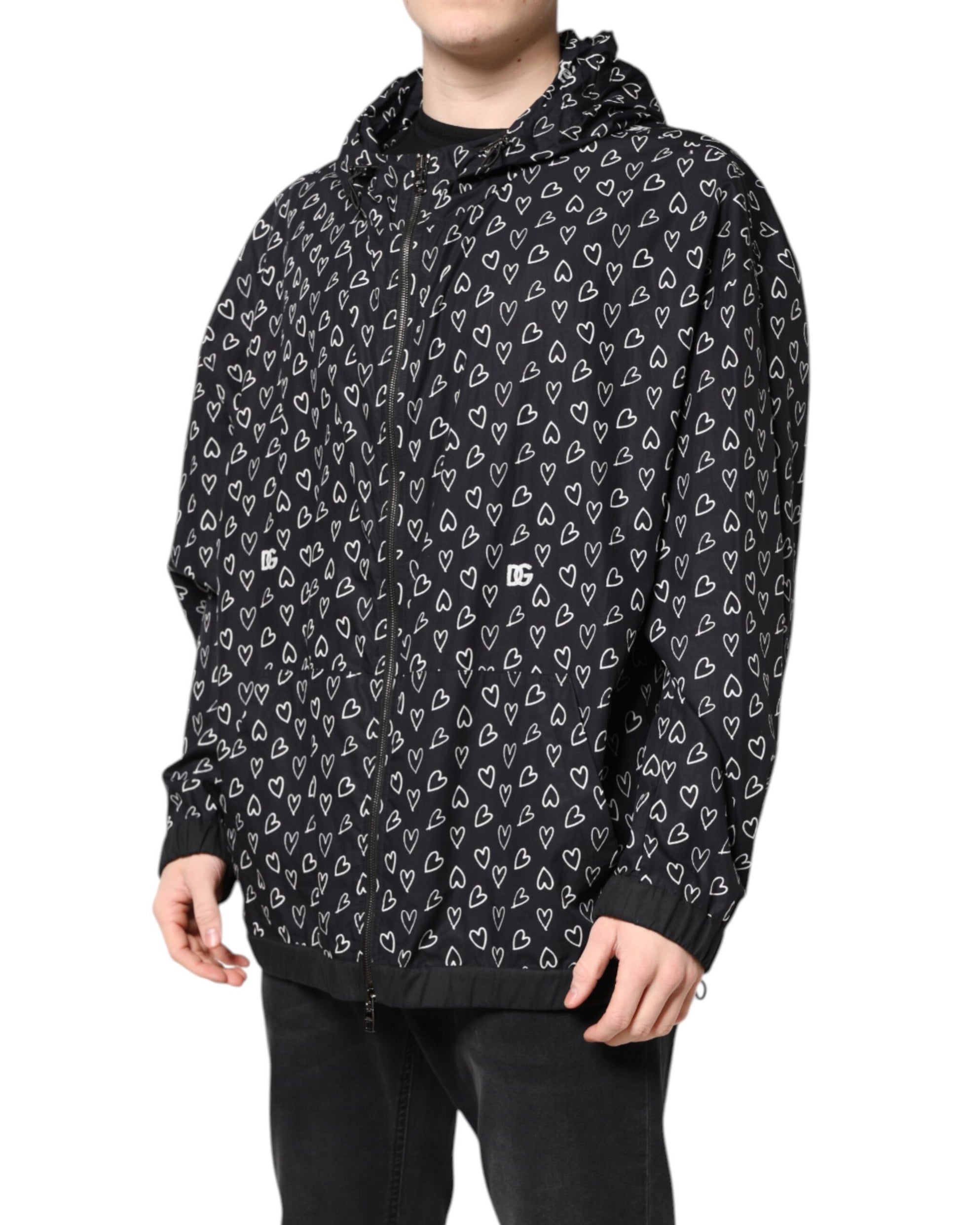 Dolce & Gabbana Black Heart Print Hooded Windbreaker Jacket Dolce & Gabbana