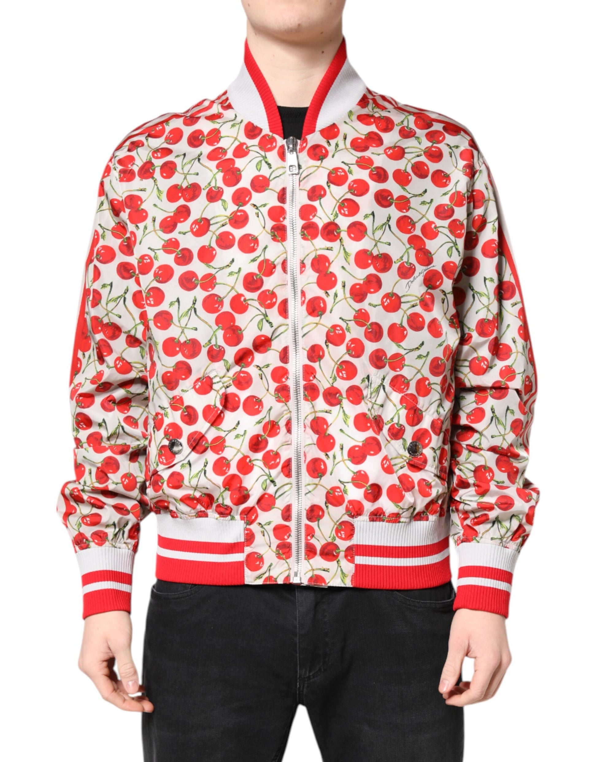 Dolce & Gabbana White Cherry Print Full Zip Bomber Jacket Dolce & Gabbana