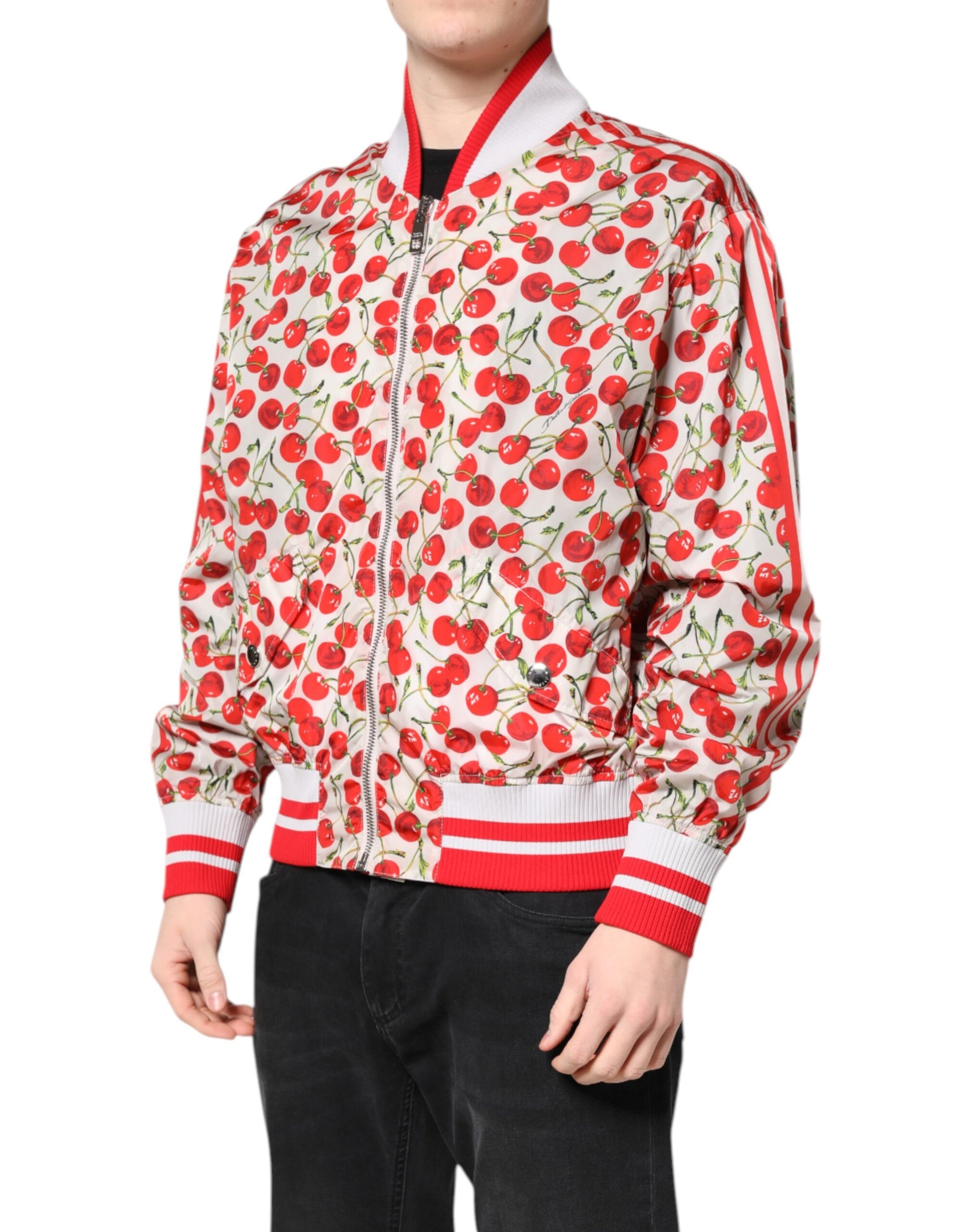 Dolce & Gabbana White Cherry Print Full Zip Bomber Jacket Dolce & Gabbana