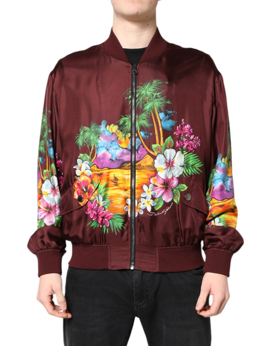 Dolce & Gabbana Maroon Floral Print Full Zip Bomber Jacket Dolce & Gabbana