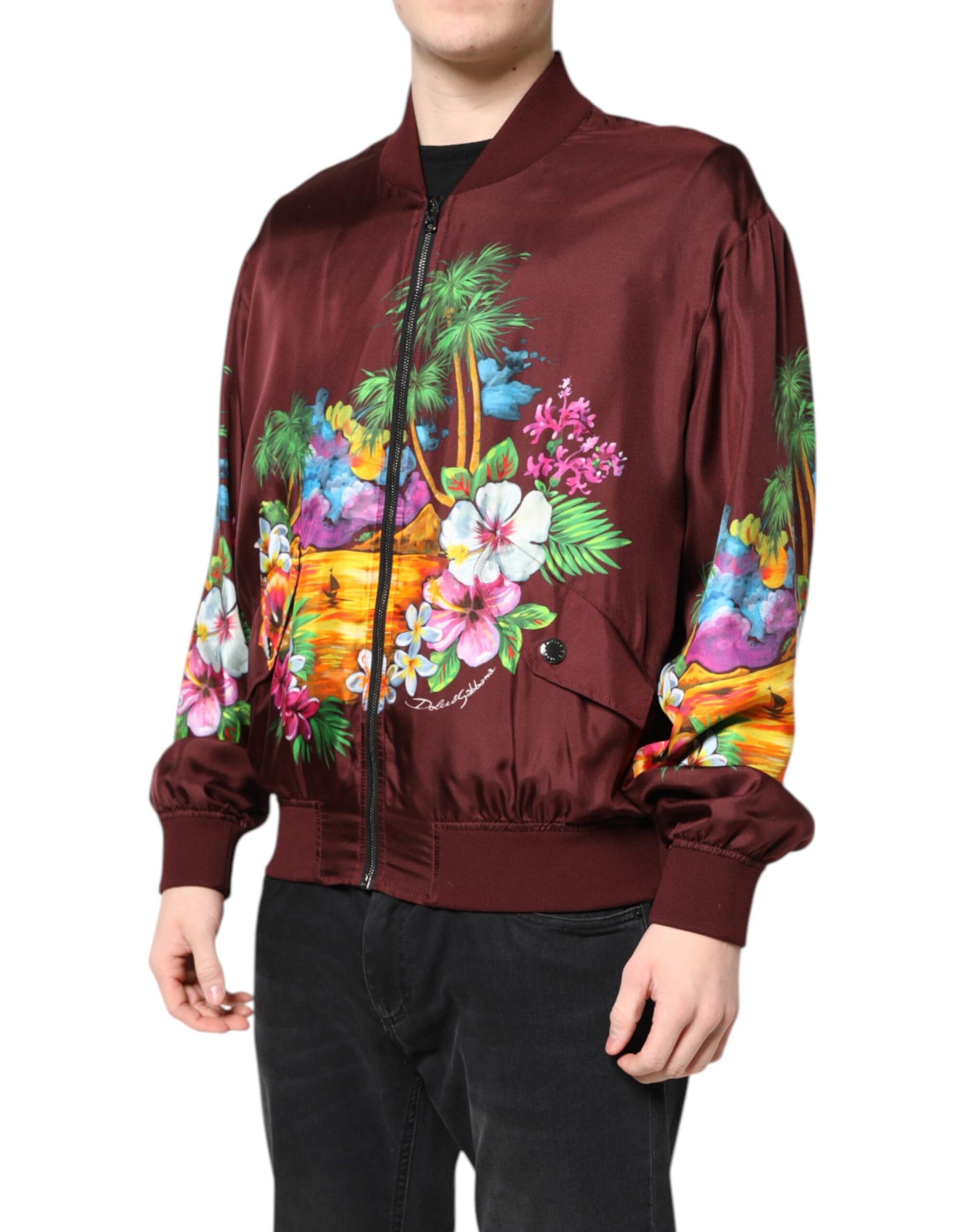 Dolce & Gabbana Maroon Floral Print Full Zip Bomber Jacket Dolce & Gabbana