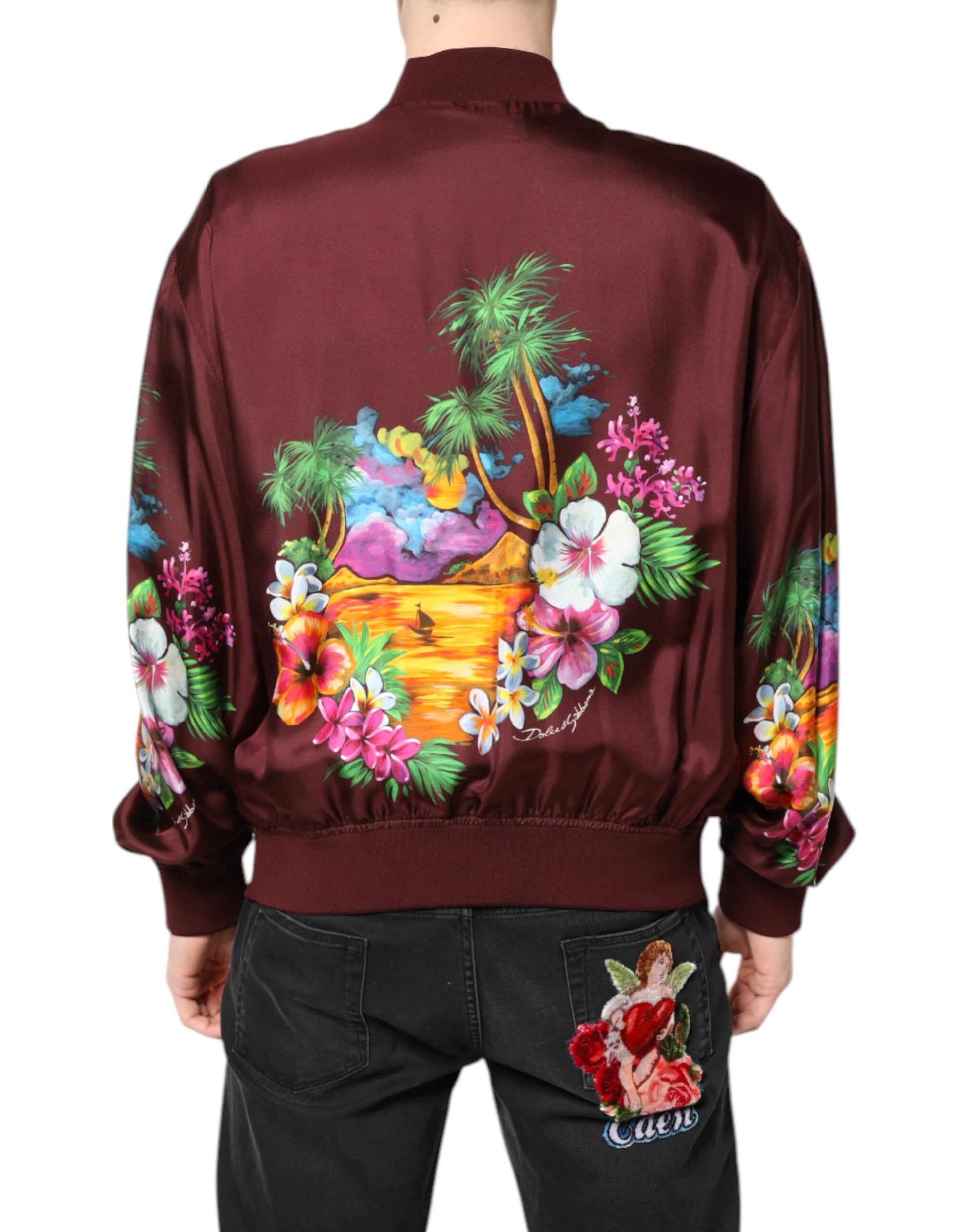 Dolce & Gabbana Maroon Floral Print Full Zip Bomber Jacket Dolce & Gabbana