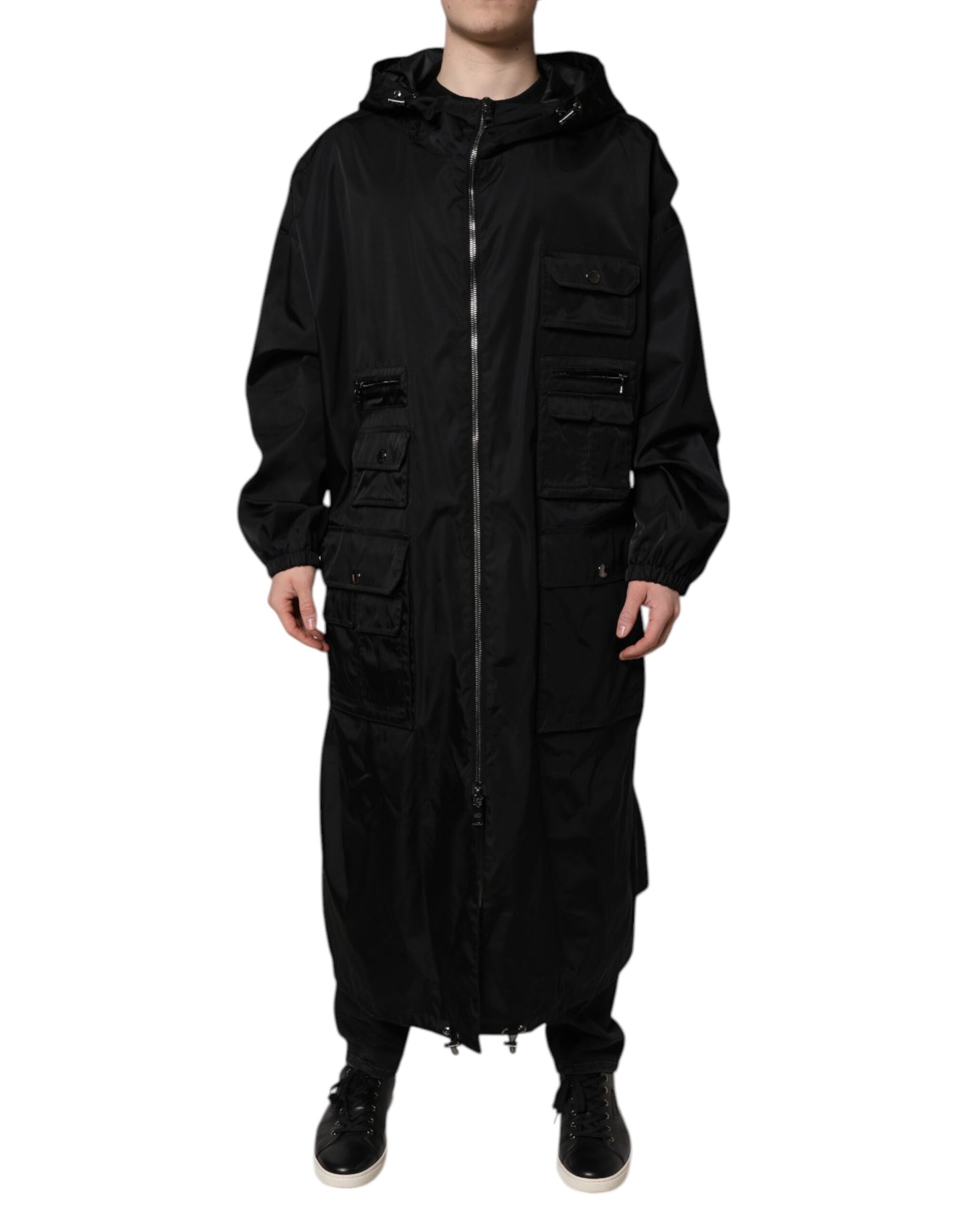 Dolce & Gabbana Black Hooded Long Men Windbreaker Jacket Dolce & Gabbana