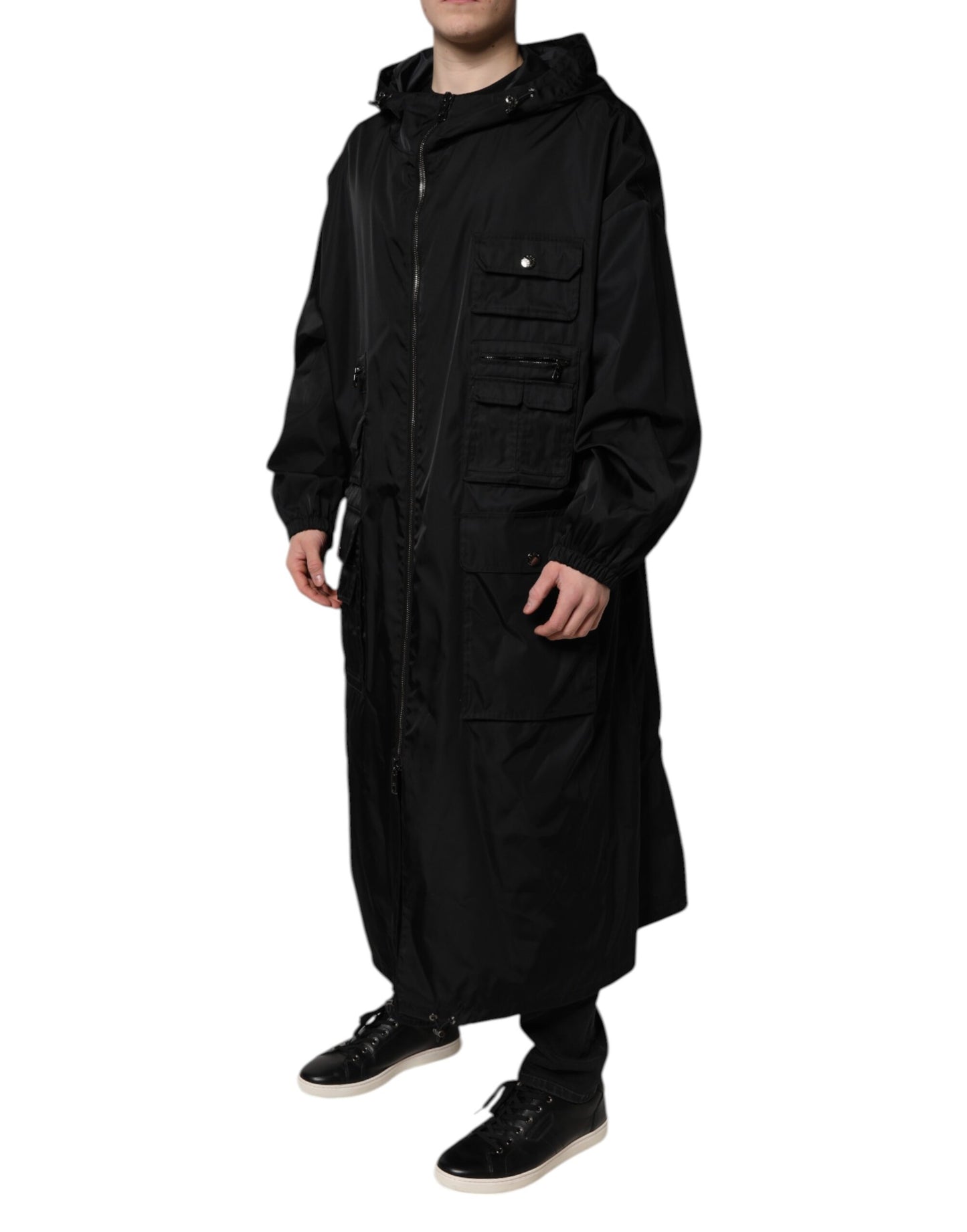 Dolce & Gabbana Black Hooded Long Men Windbreaker Jacket Dolce & Gabbana