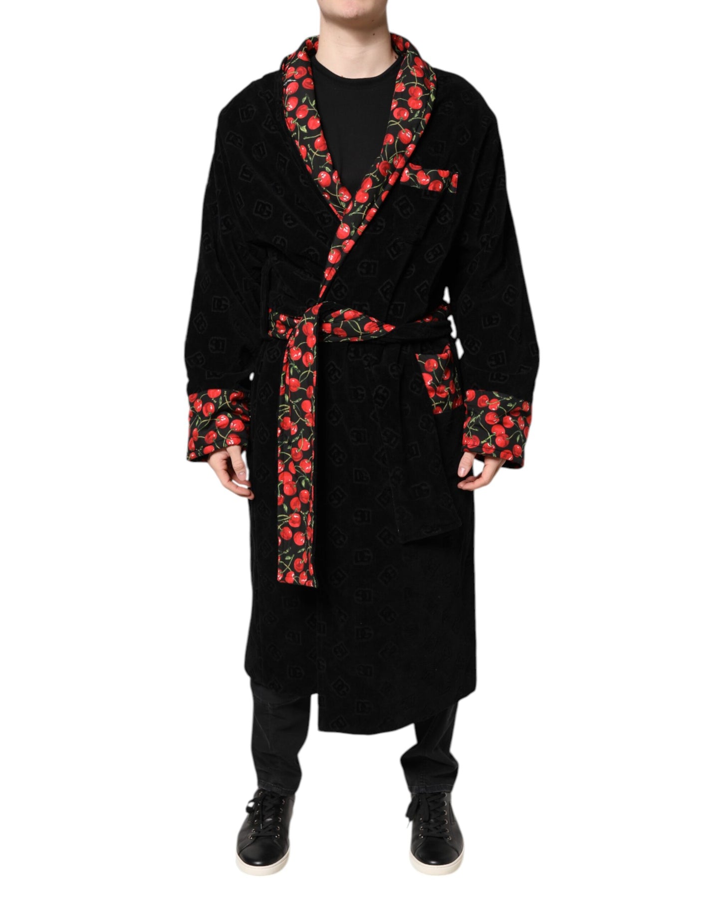 Dolce & Gabbana Black Cherry Print Wrap Robe Men Coat Jacket Dolce & Gabbana