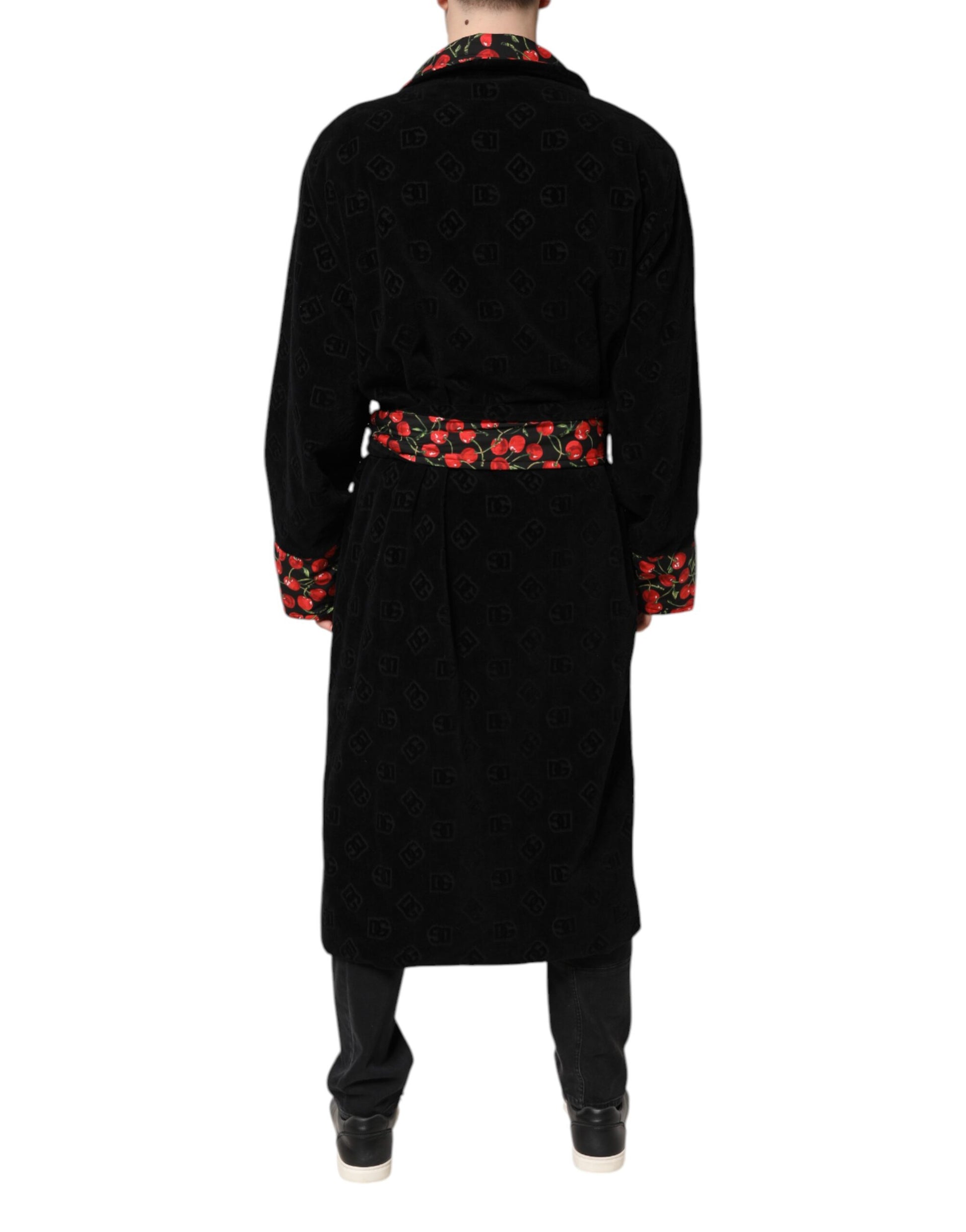 Dolce & Gabbana Black Cherry Print Wrap Robe Men Coat Jacket Dolce & Gabbana