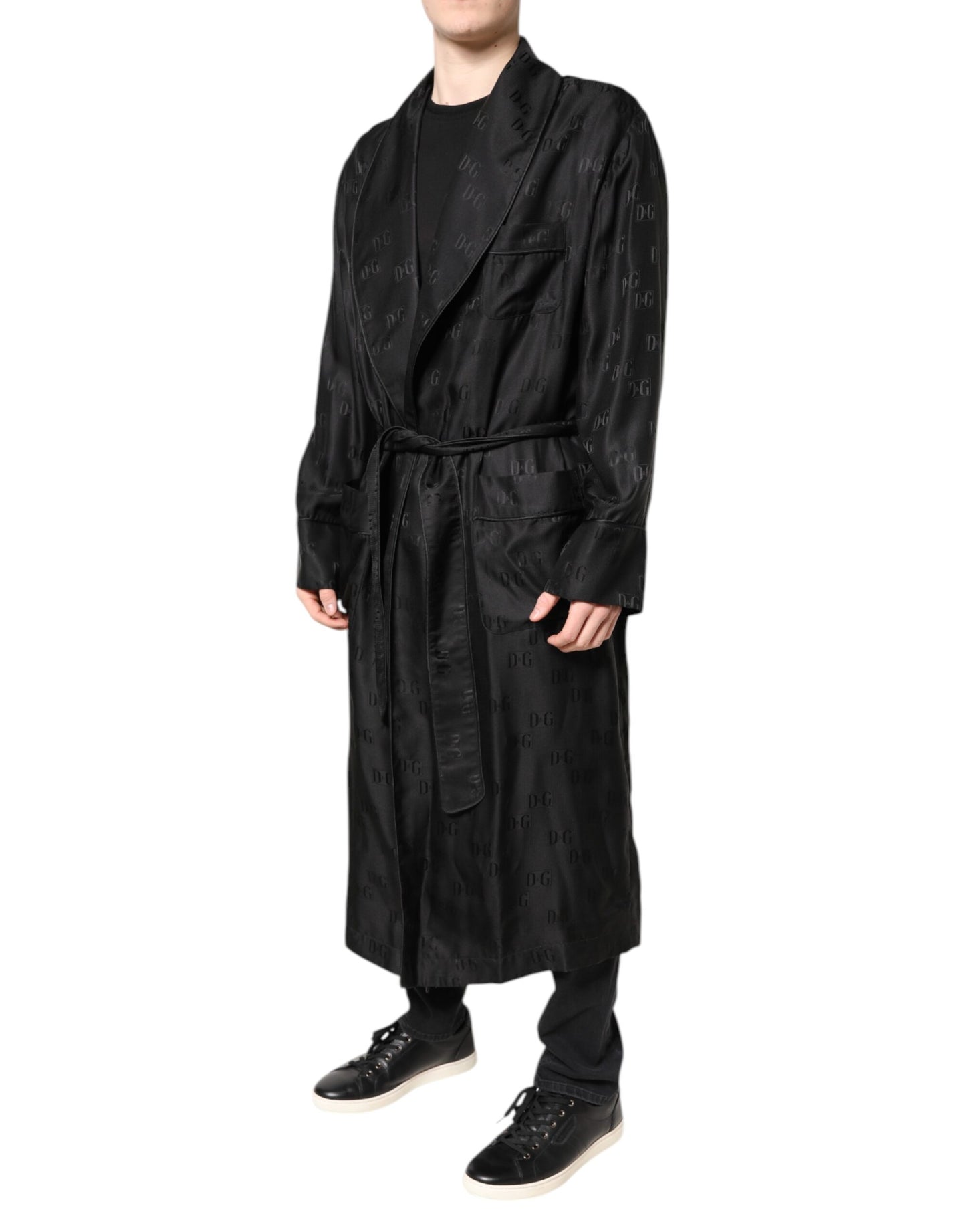 Dolce & Gabbana Black Silk DG Logo Men Wrap Robe Coat Jacket Dolce & Gabbana