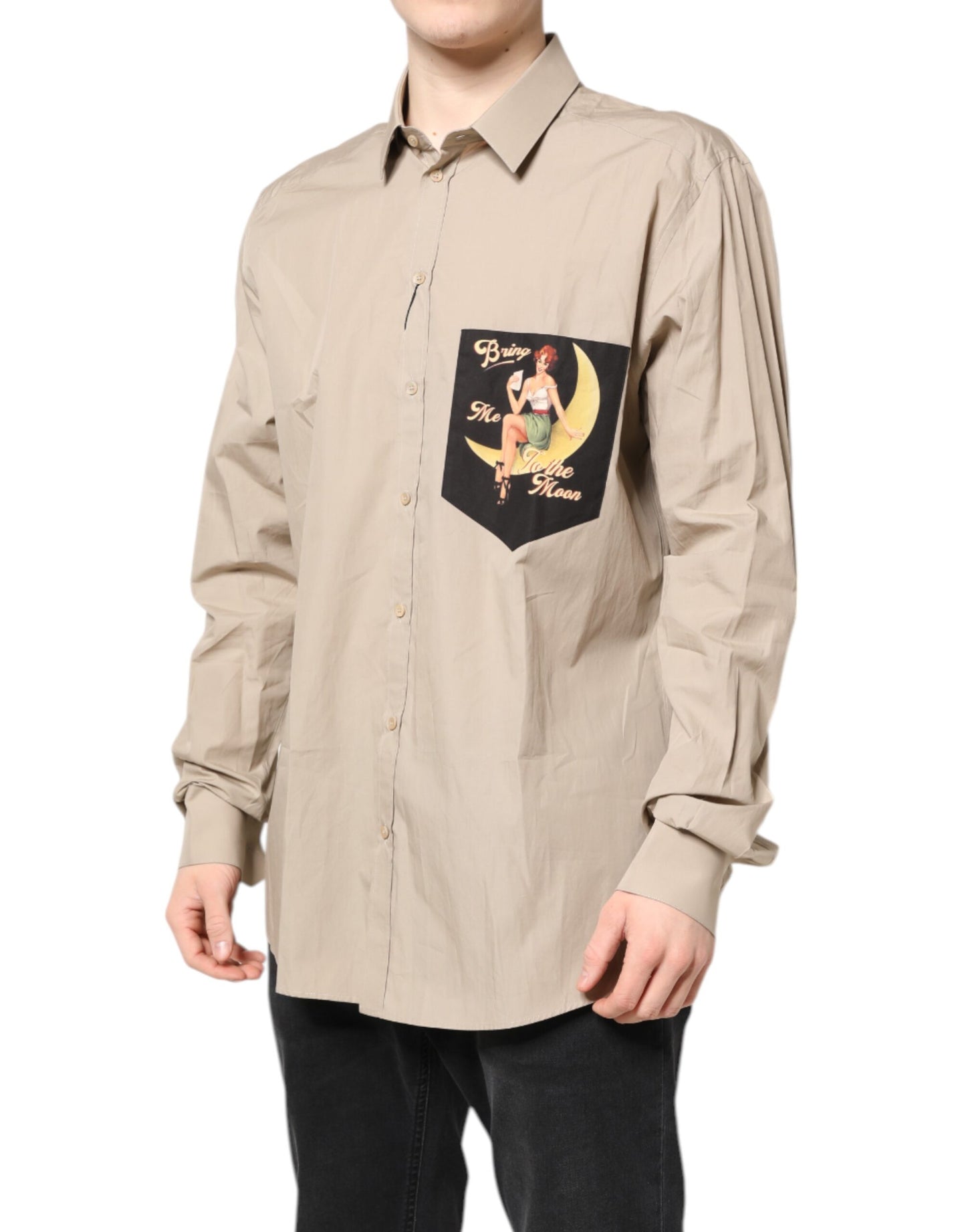 Dolce & Gabbana Beige Pin Up Print MARTINI Men Casual Shirt Dolce & Gabbana