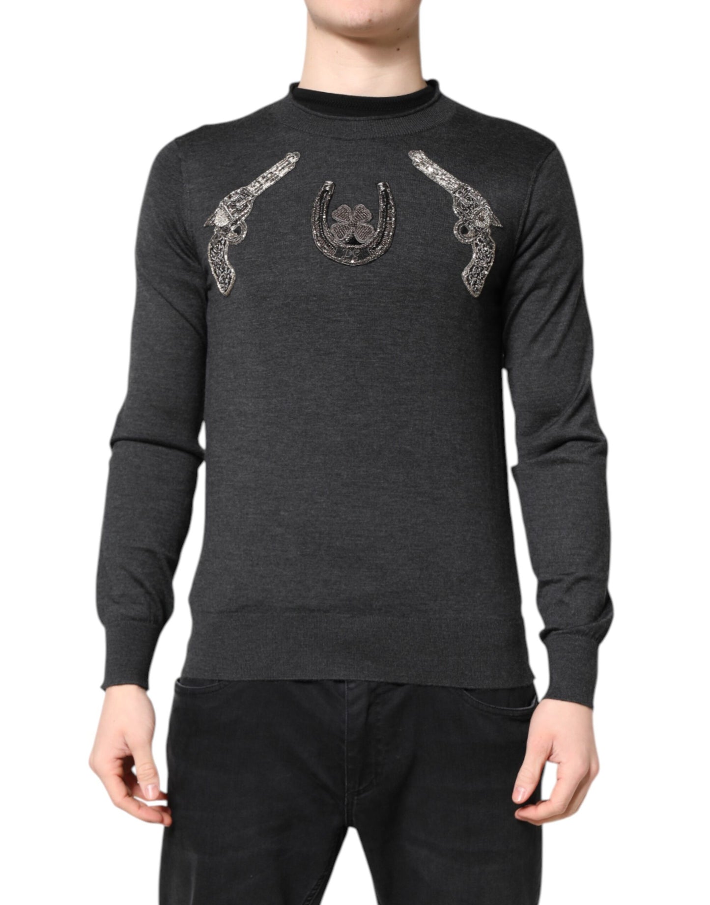 Dolce & Gabbana Gray Embroidery Knit Men Pullover Sweater Dolce & Gabbana